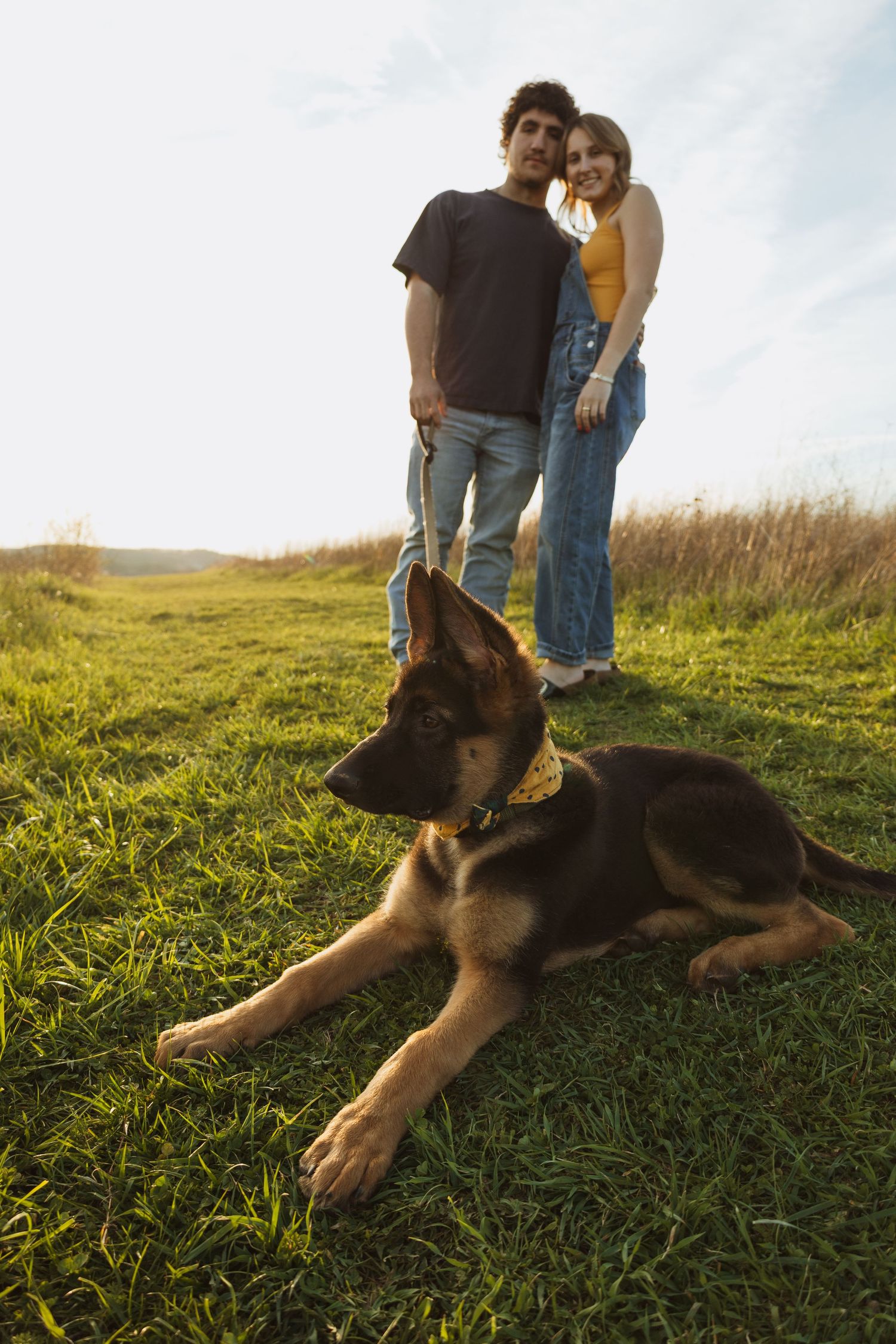 A couple stands together on a grassy hill with their German Shepherd puppy lying in the foreground on a sunny day.
