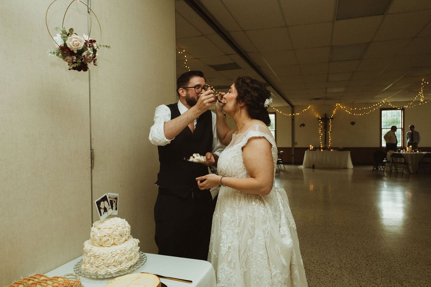 A wedding reception montage showing couples dancing, cake cutting, and celebration moments in an elegant indoor venue.