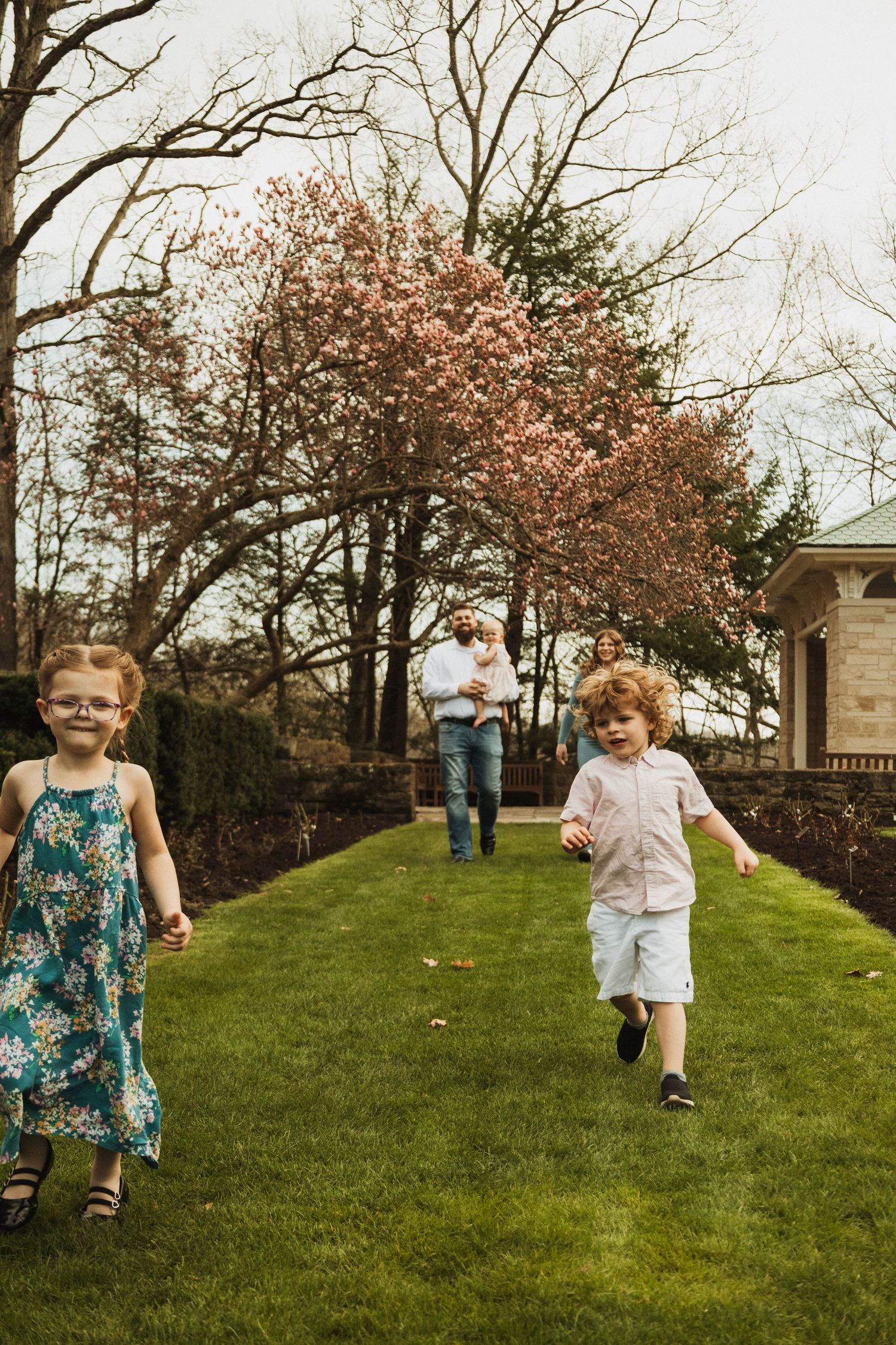 Children run and play on a grassy hill during spring with blooming cherry trees in the background.