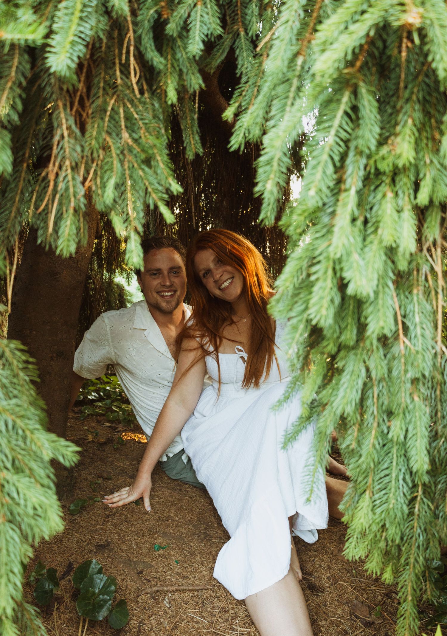 A smiling couple sits together under lush evergreen branches in a natural outdoor setting.