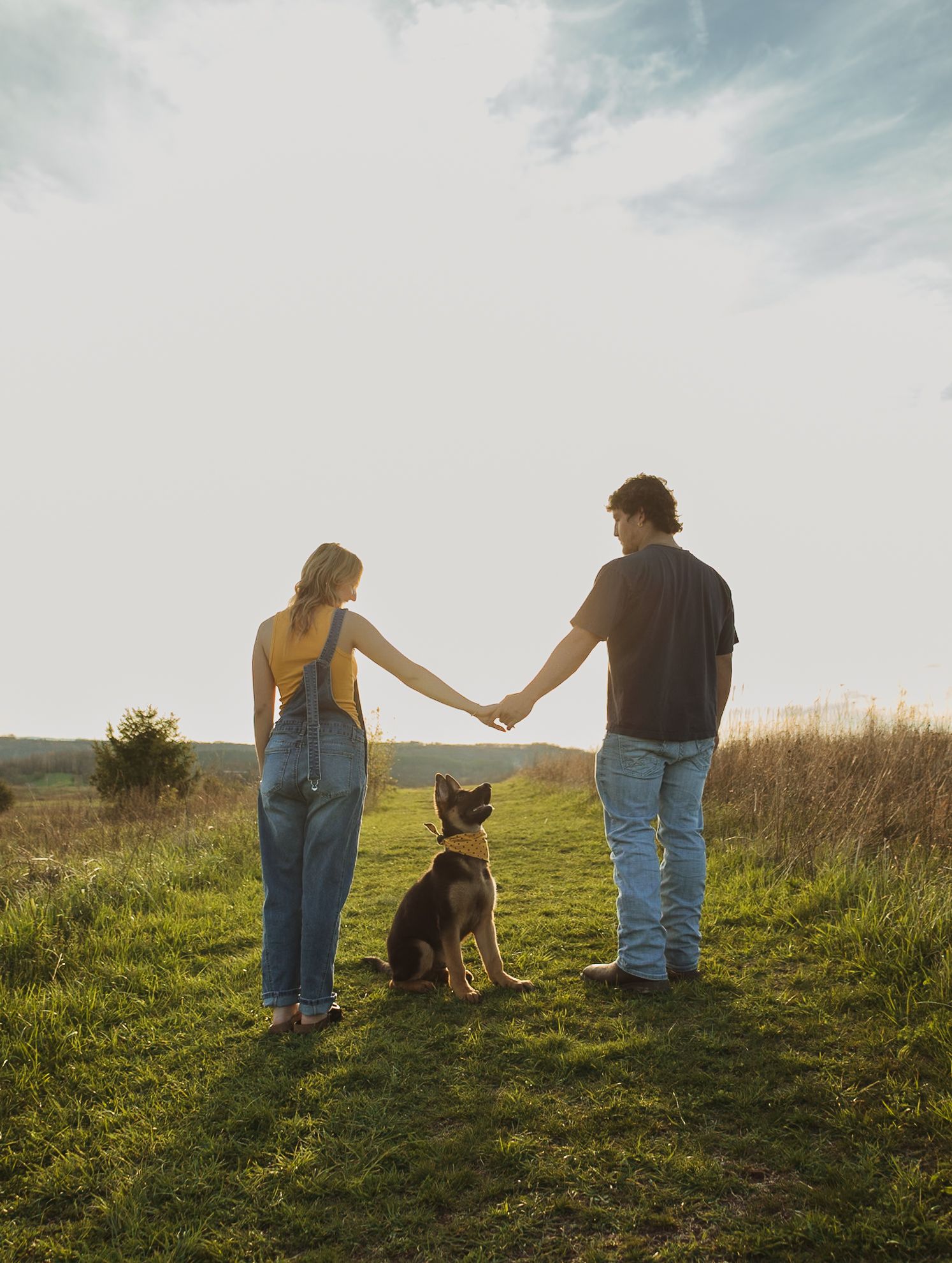 Couple holding hands facing sunset in a green field with their German Shepherd dog sitting between them.
