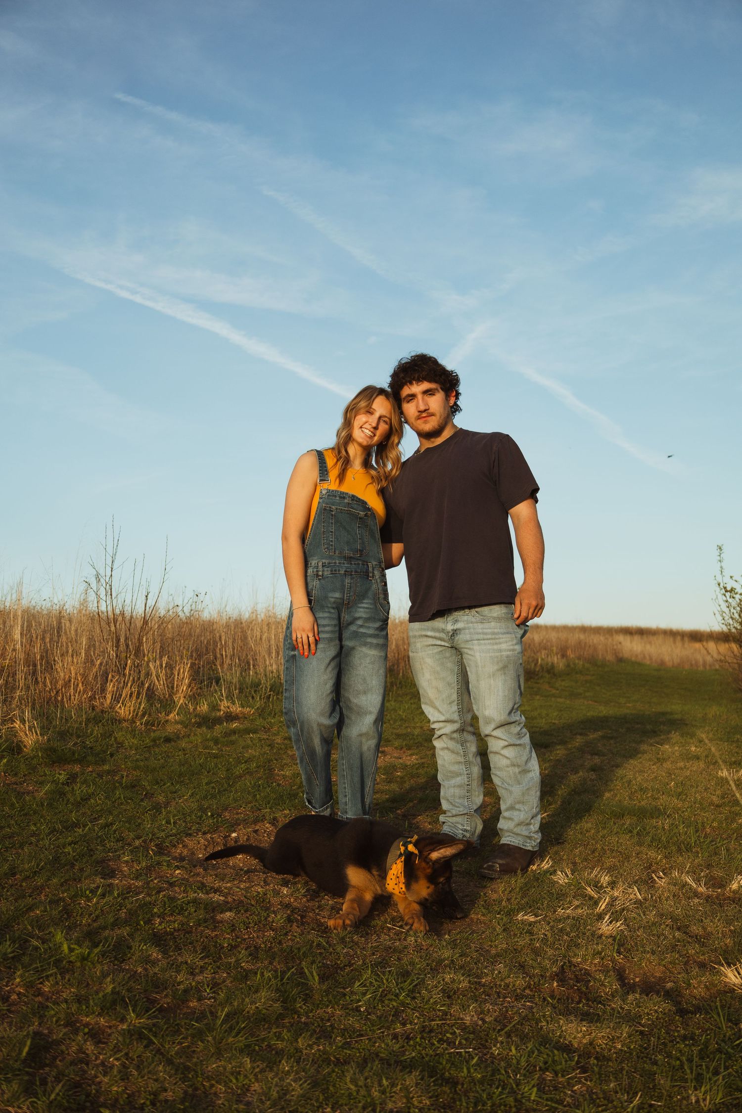 Young couple standing in a golden field at sunset with their German Shepherd dog, blue sky with contrails above.