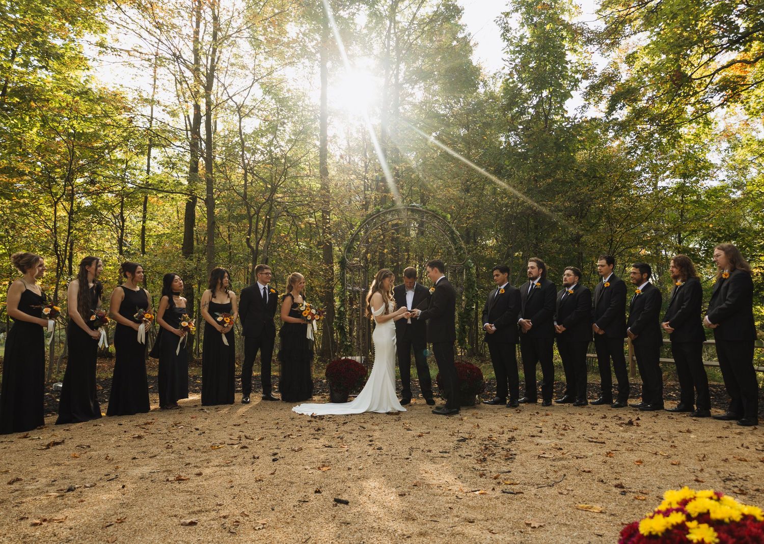 Large wedding party in formal attire standing in formation along a sunlit forest path.