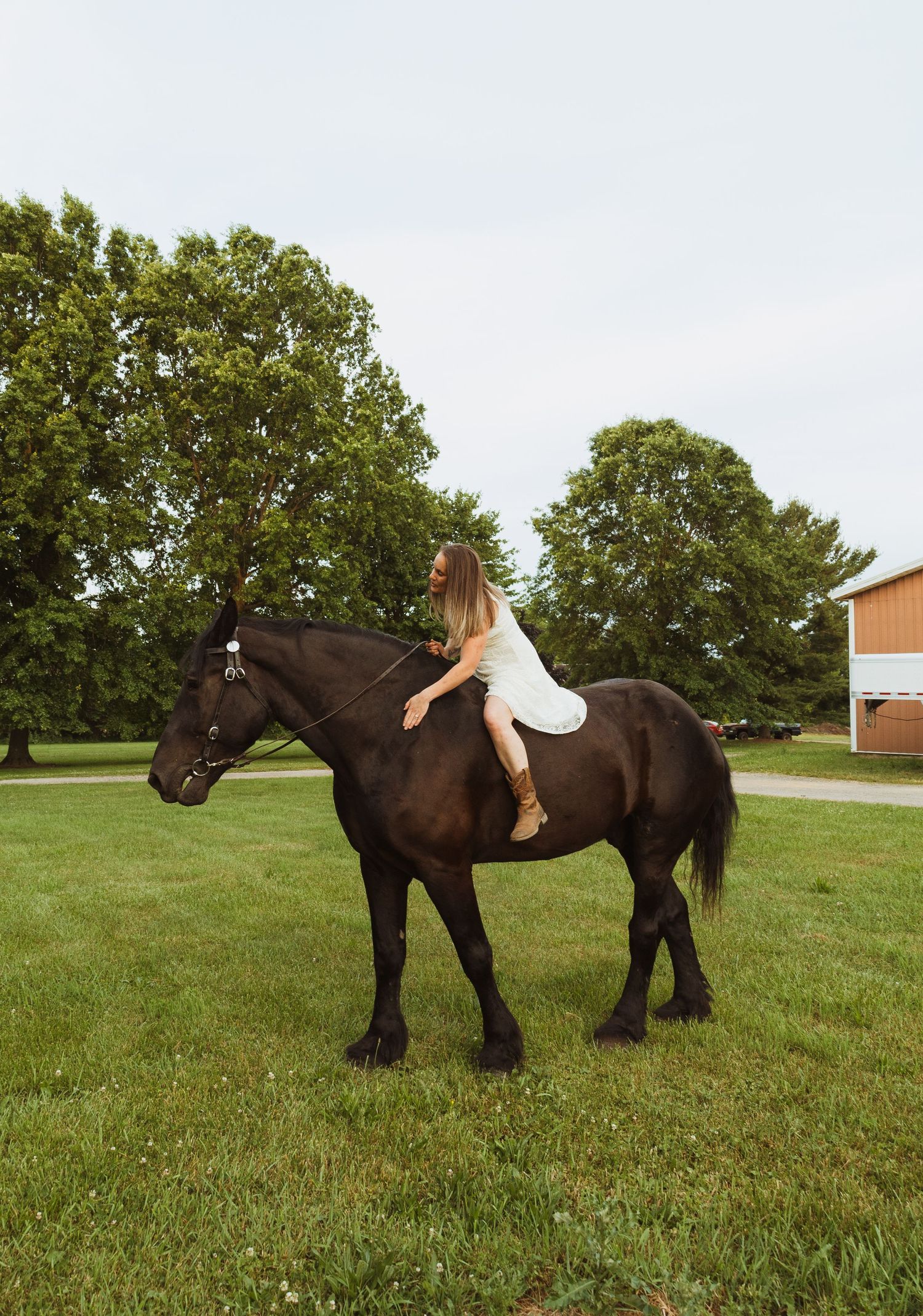 A young woman in a white dress rides a dark brown horse on a lush green farm with trees and a barn.