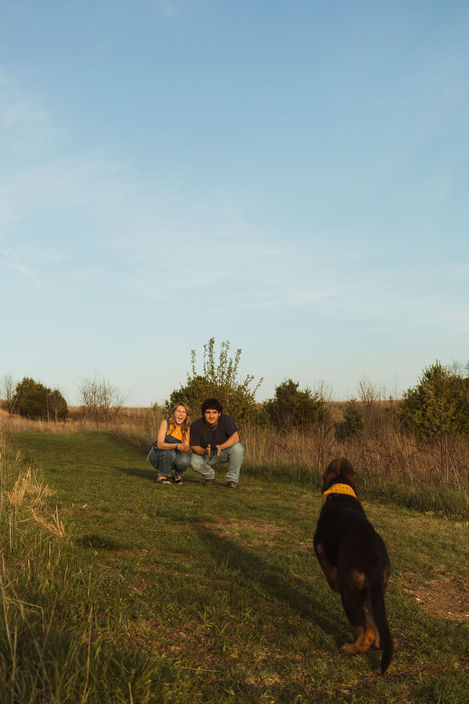 Couple crouching in a green field interacting with a black and tan dog during golden hour outdoors.