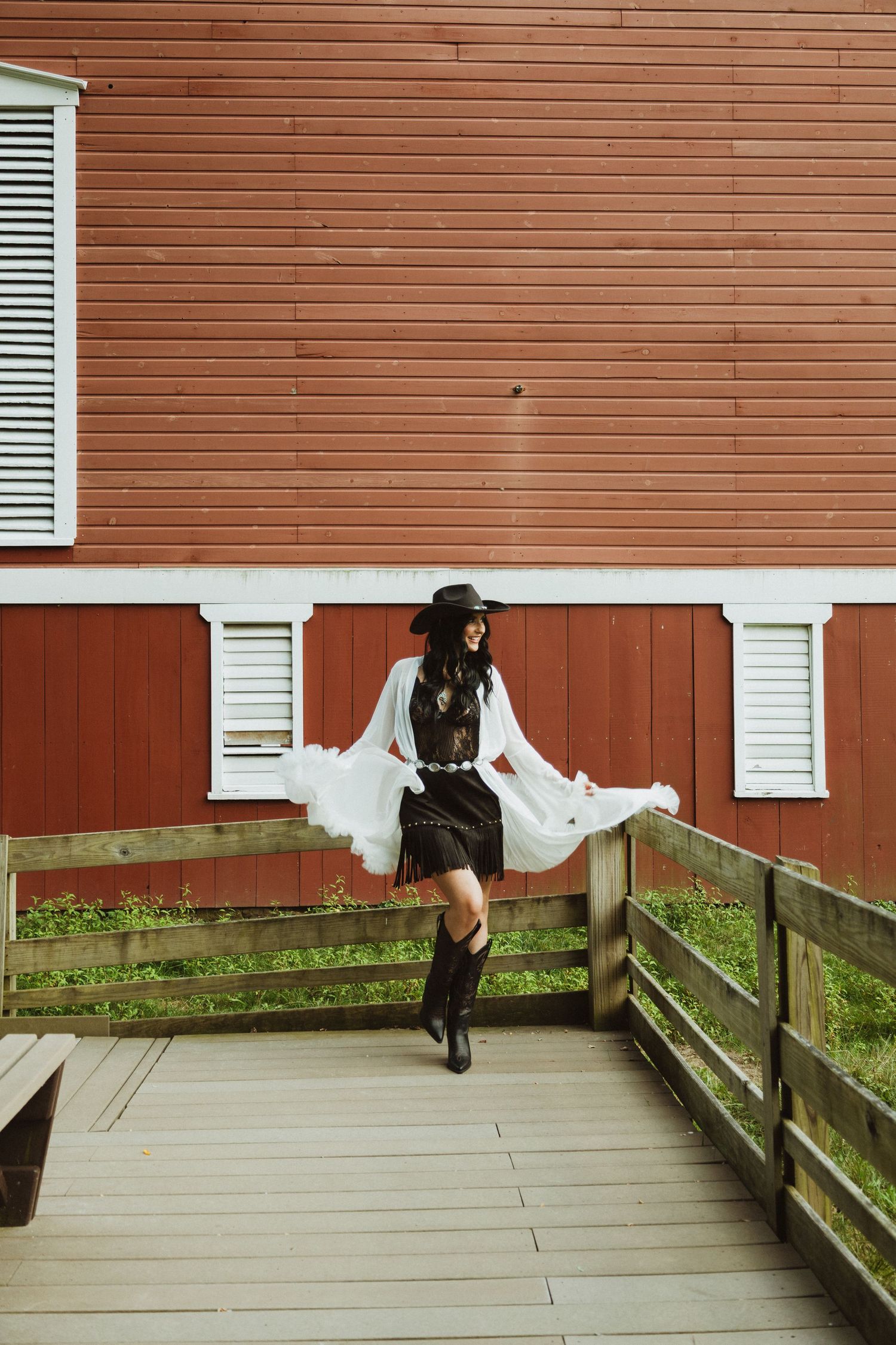 Sequential photos showing movement across a wooden deck with red siding and white posts.