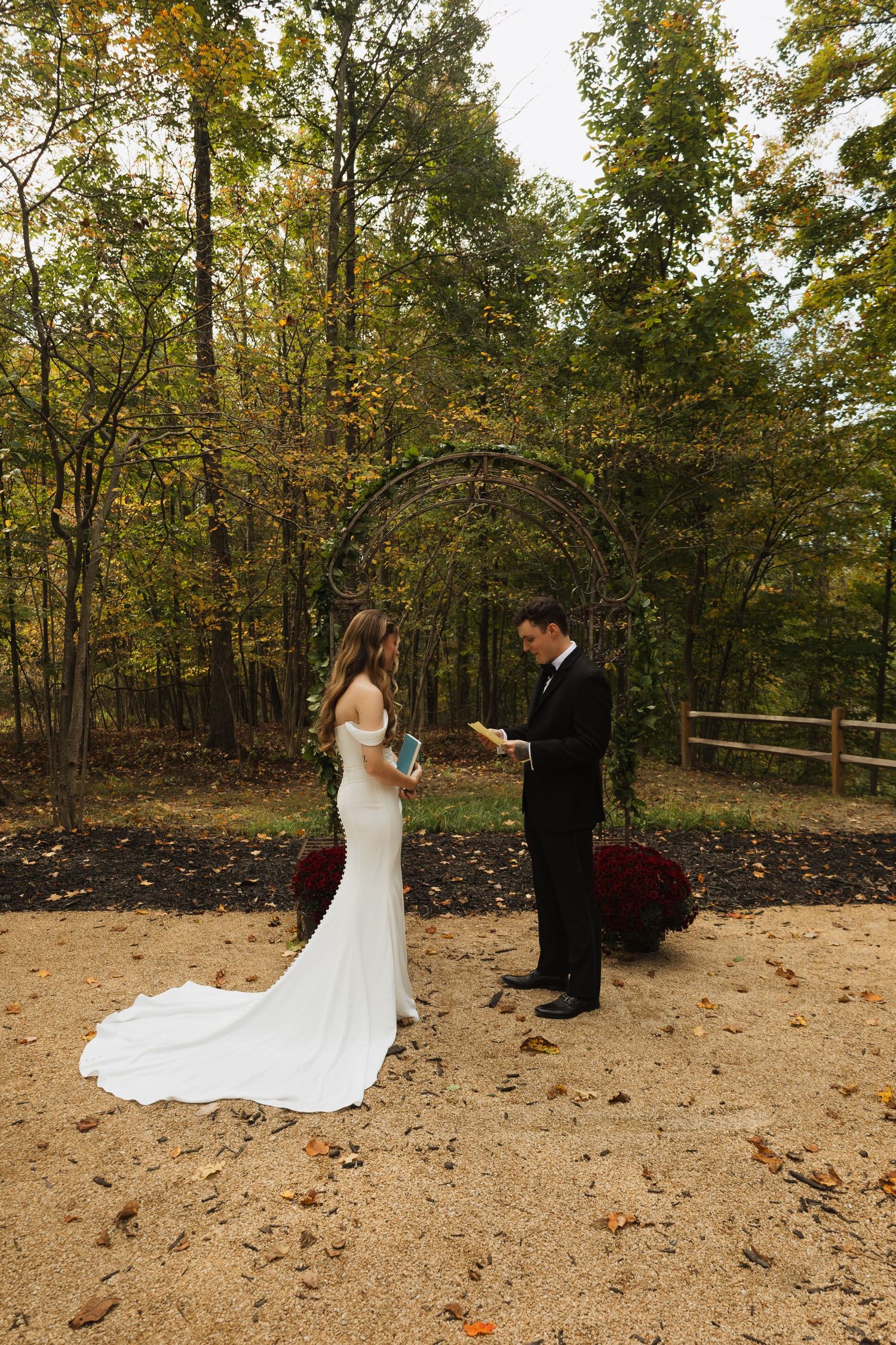 Wedding couple's first look moment captured in sequence against autumn forest backdrop.