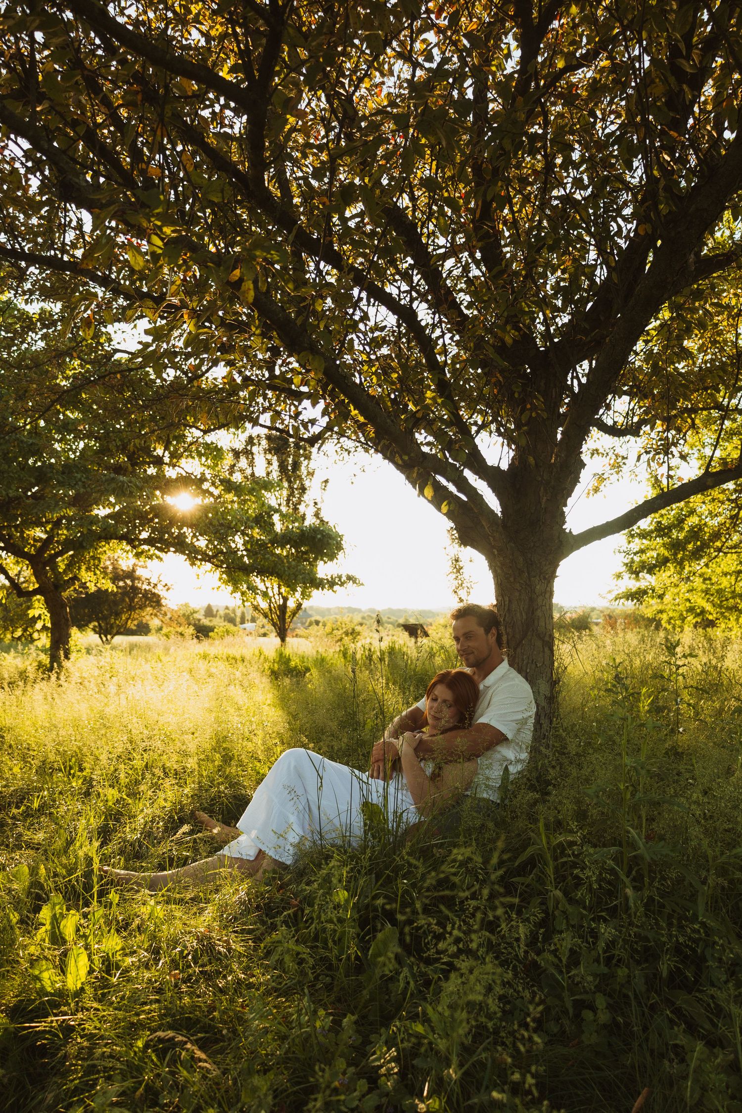 Couple sitting together under a tree in golden sunset light, surrounded by lush green grass in a peaceful meadow.