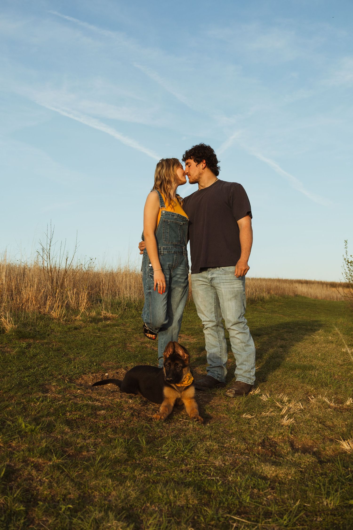 Couple sharing a kiss outdoors in a field at sunset with a German Shepherd puppy sitting at their feet.