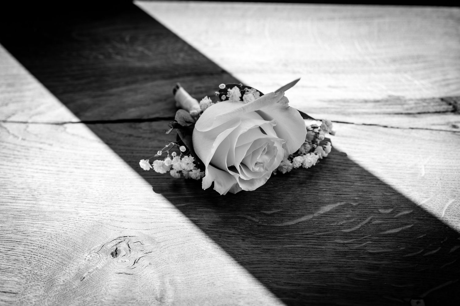Dramatic lighting on wedding details with shadows and roses.