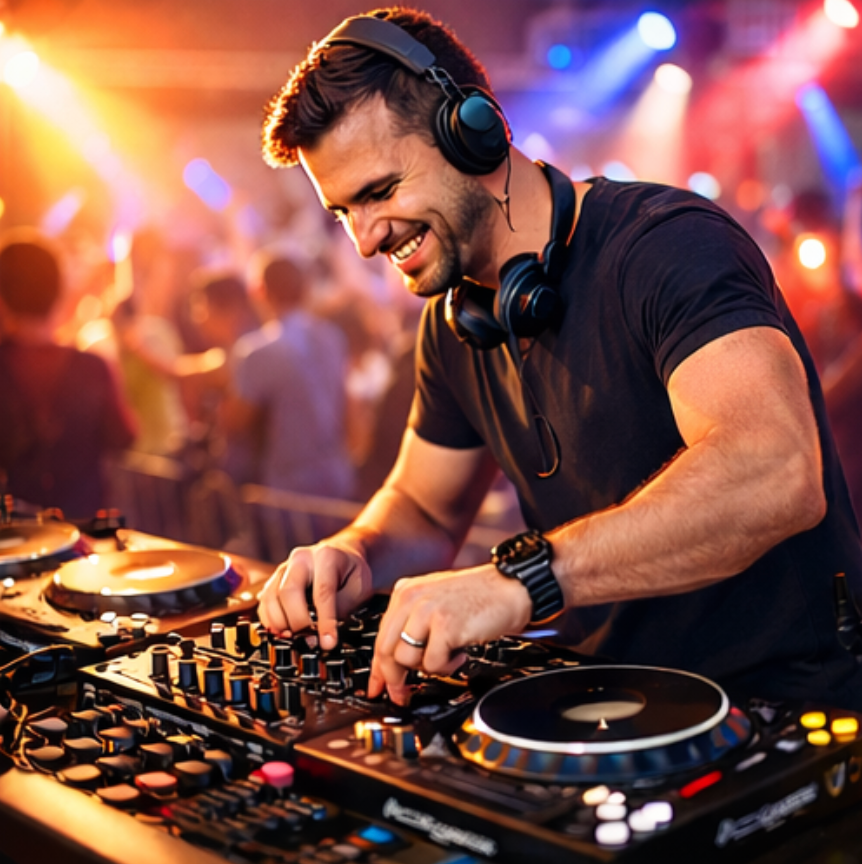 DJ mixing music at a nightclub with colorful lighting and professional equipment.