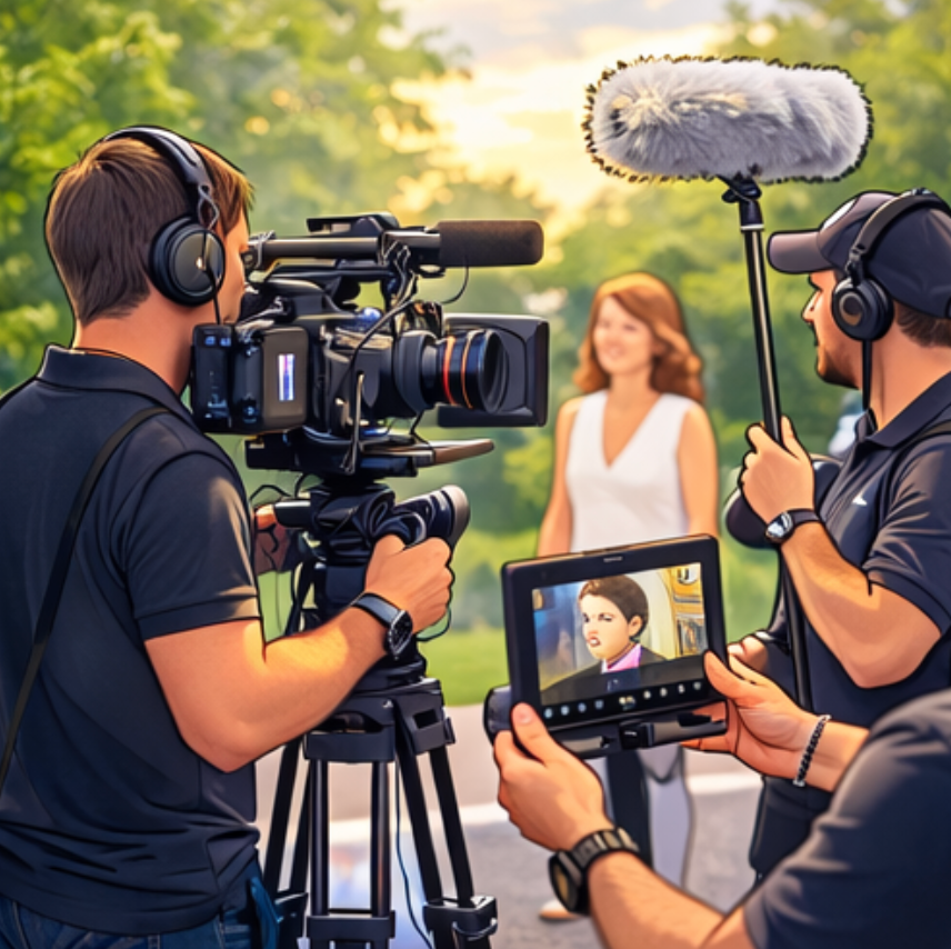 Professional videographers filming with multiple cameras and equipment outdoors in natural lighting.