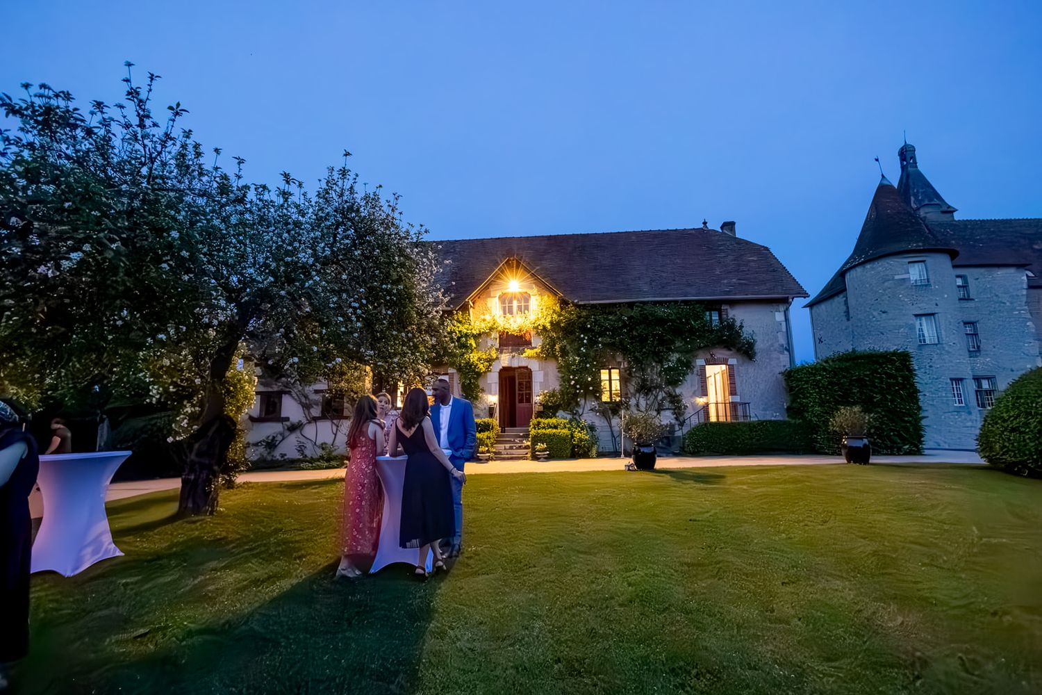 Elegant evening wedding reception on lush green lawn outside illuminated French chateau at dusk.