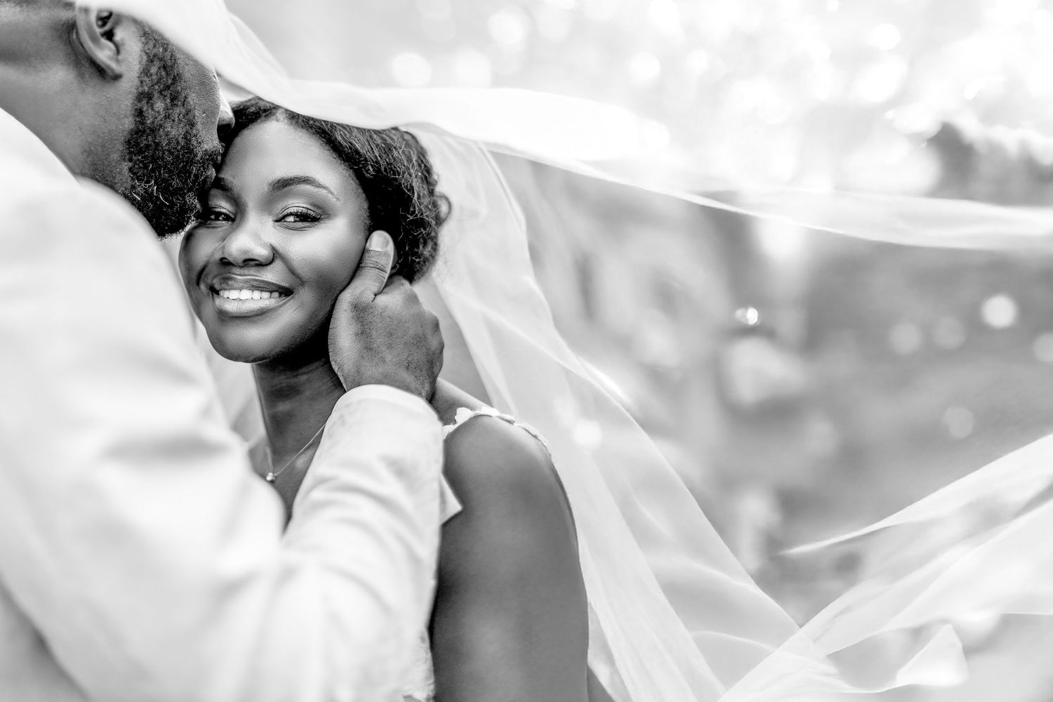 Elegant wedding couple embraces tenderly under flowing white veil in natural light.
