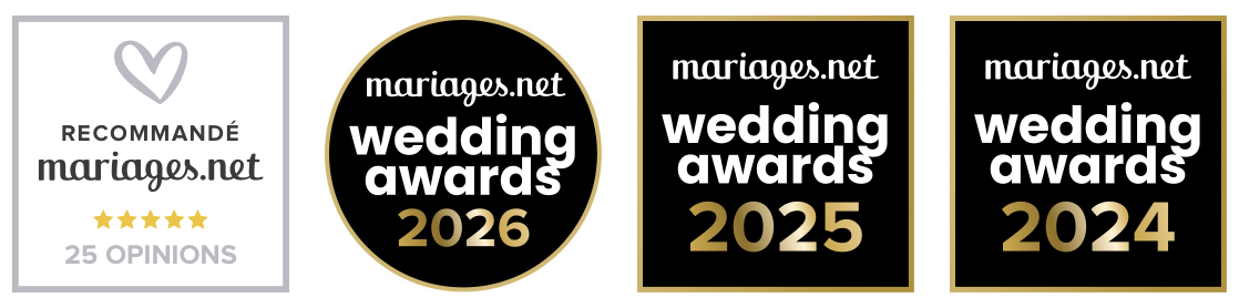 A row of wedding industry awards and badges from Mariages.net spanning multiple years from 2020 to 2024.