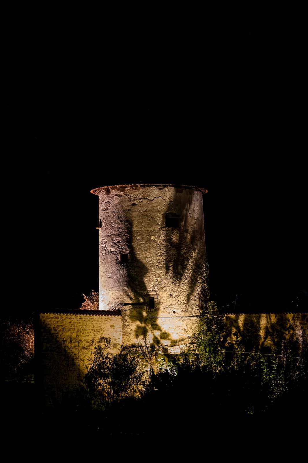 Ancient stone tower illuminated at night against a dark sky with palm tree silhouette visible at its base.