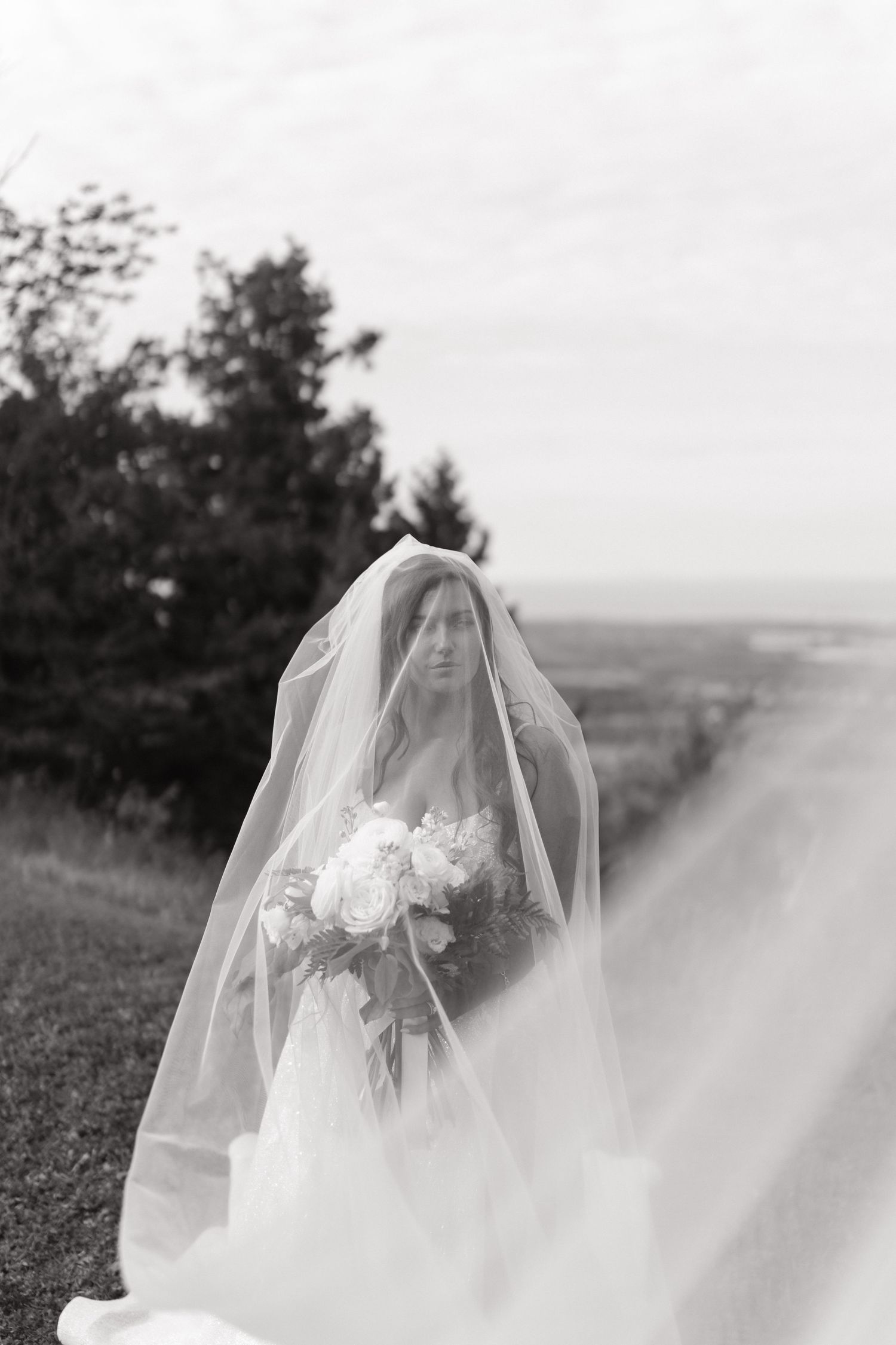 Ethereal bridal portrait with flowing veil against natural landscape.