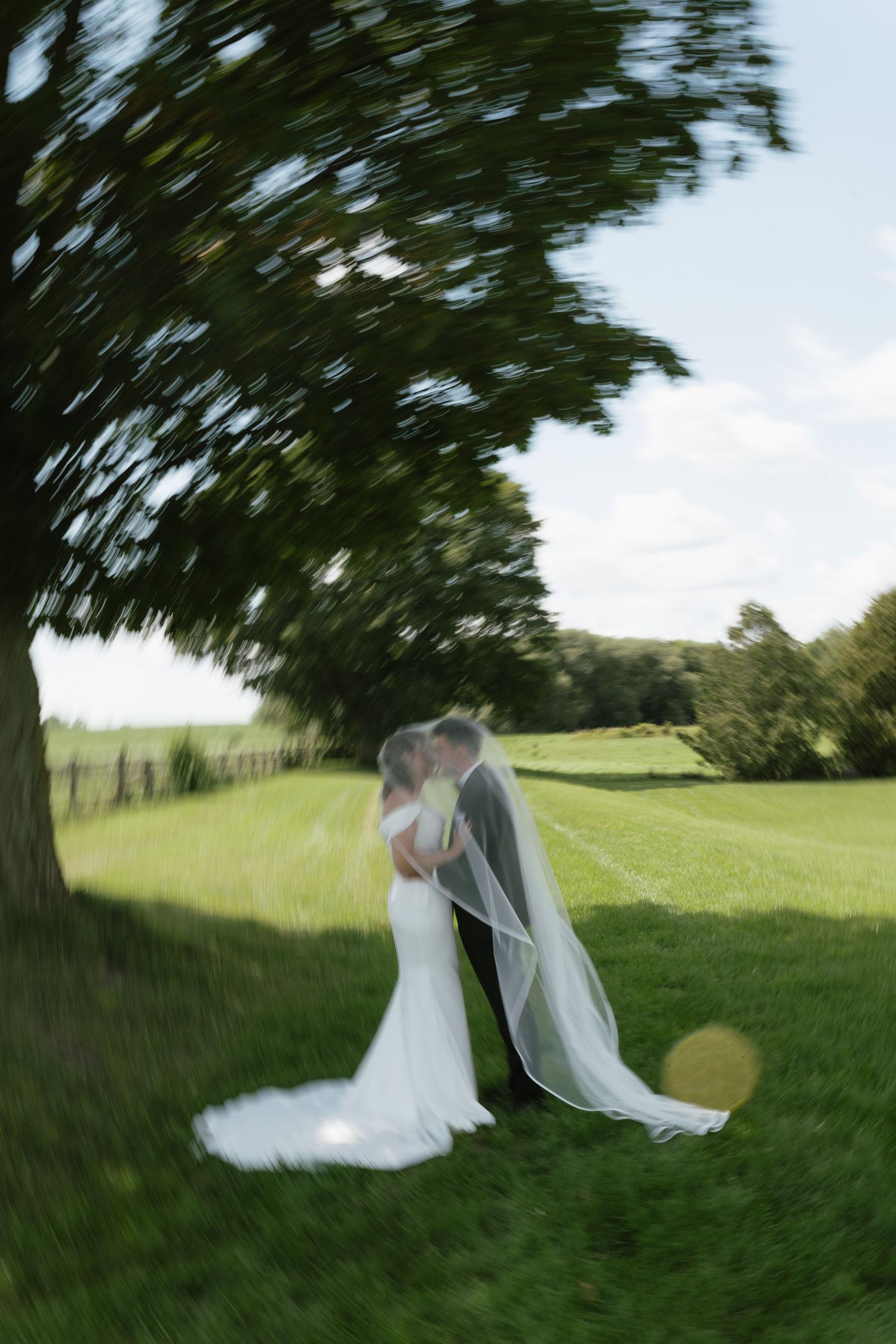 Bride and groom sharing a romantic kiss outdoors on lush green grass near a large tree on their wedding day.