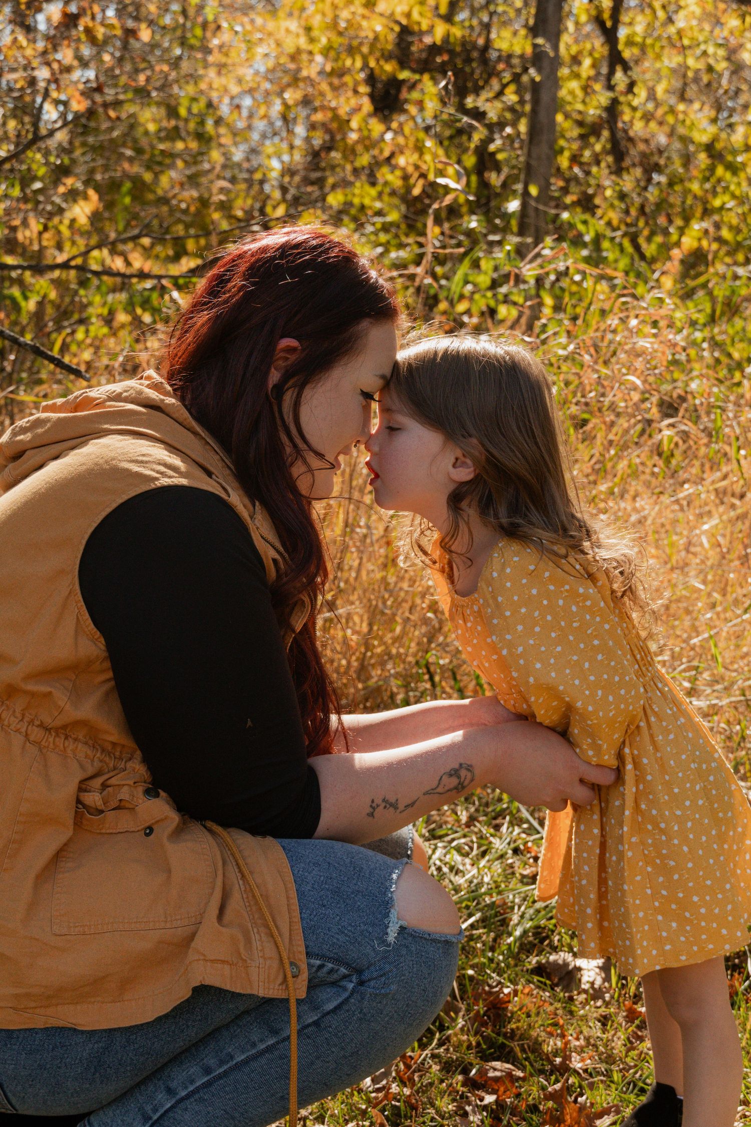Sequence of candid moments between two people in a sunlit autumn setting with golden foliage.