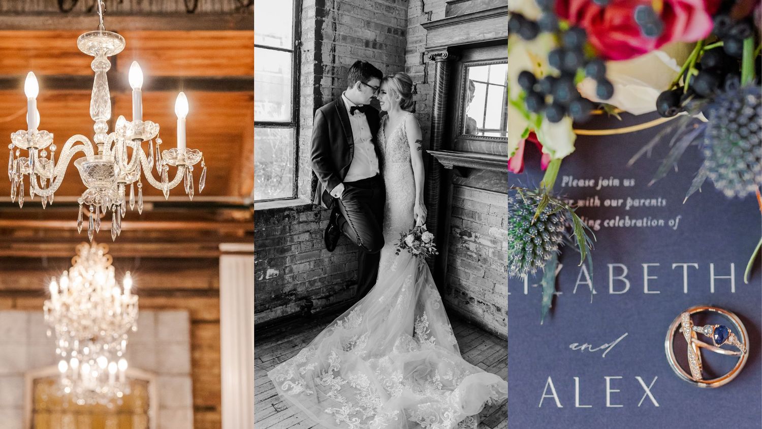 A wedding photo collage featuring chandeliers, couples portraits, and invitation details.