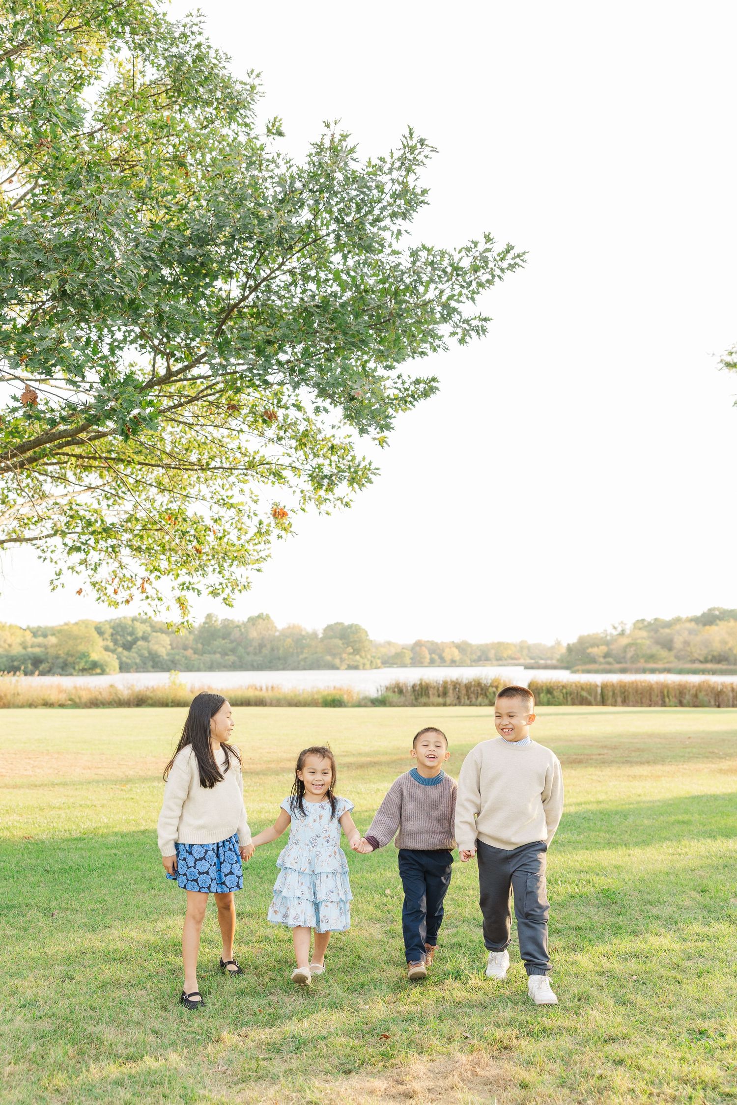 A family walking together in a grassy field during golden hour with trees in the background. Busse Woods