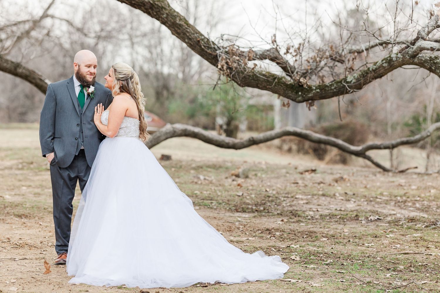 Newlyweds share tender moment under twisted tree branches in natural setting.