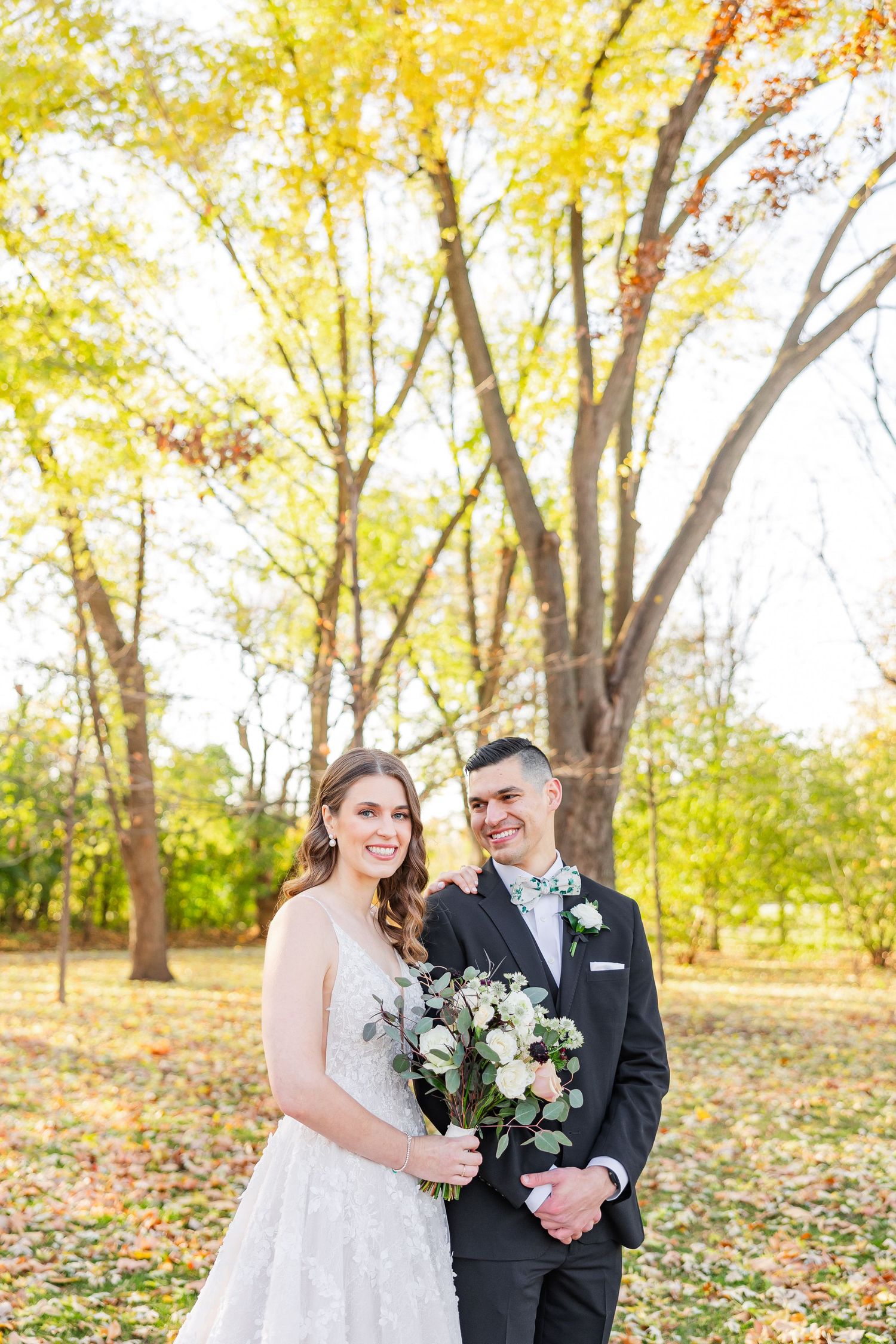 Fall wedding portrait of bride and groom photographed by Rachael Watson Photography at Hyatt Lodge wedding venue in Oak Brook Illinois