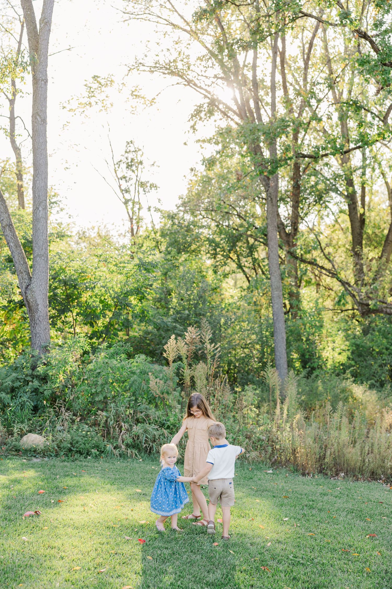 Children play and explore together in a sunlit grassy area surrounded by tall trees on a summer afternoon.