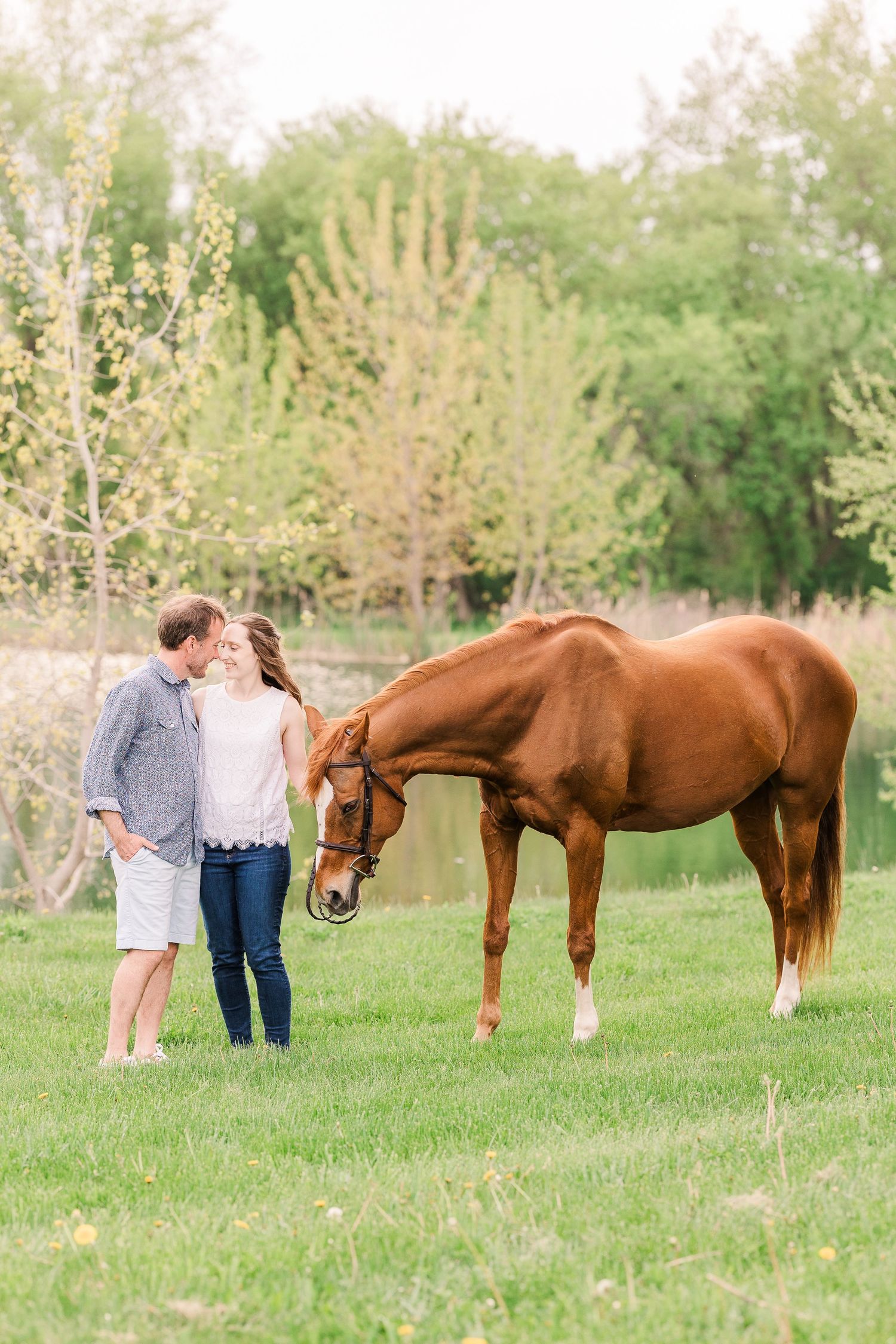 A chestnut horse grazes on grass while a couple stands nearby in a spring meadow.