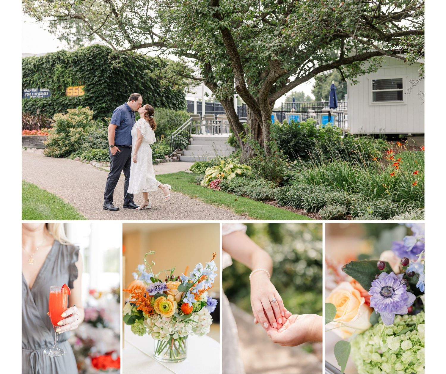 Couple kissing in a lush garden wedding venue with colorful wildflower bouquet, ring exchange, and bridesmaid holding orange flowers.