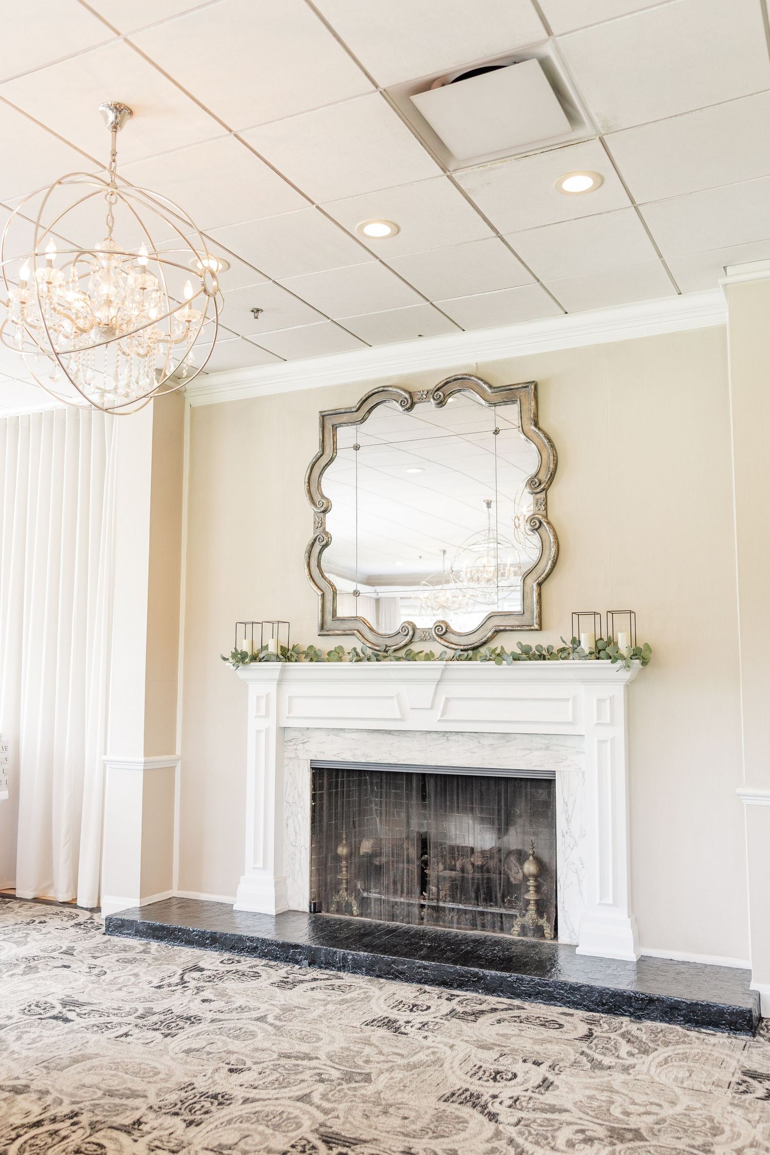 Elegant fireplace mantle inside Itasca Country Club event room