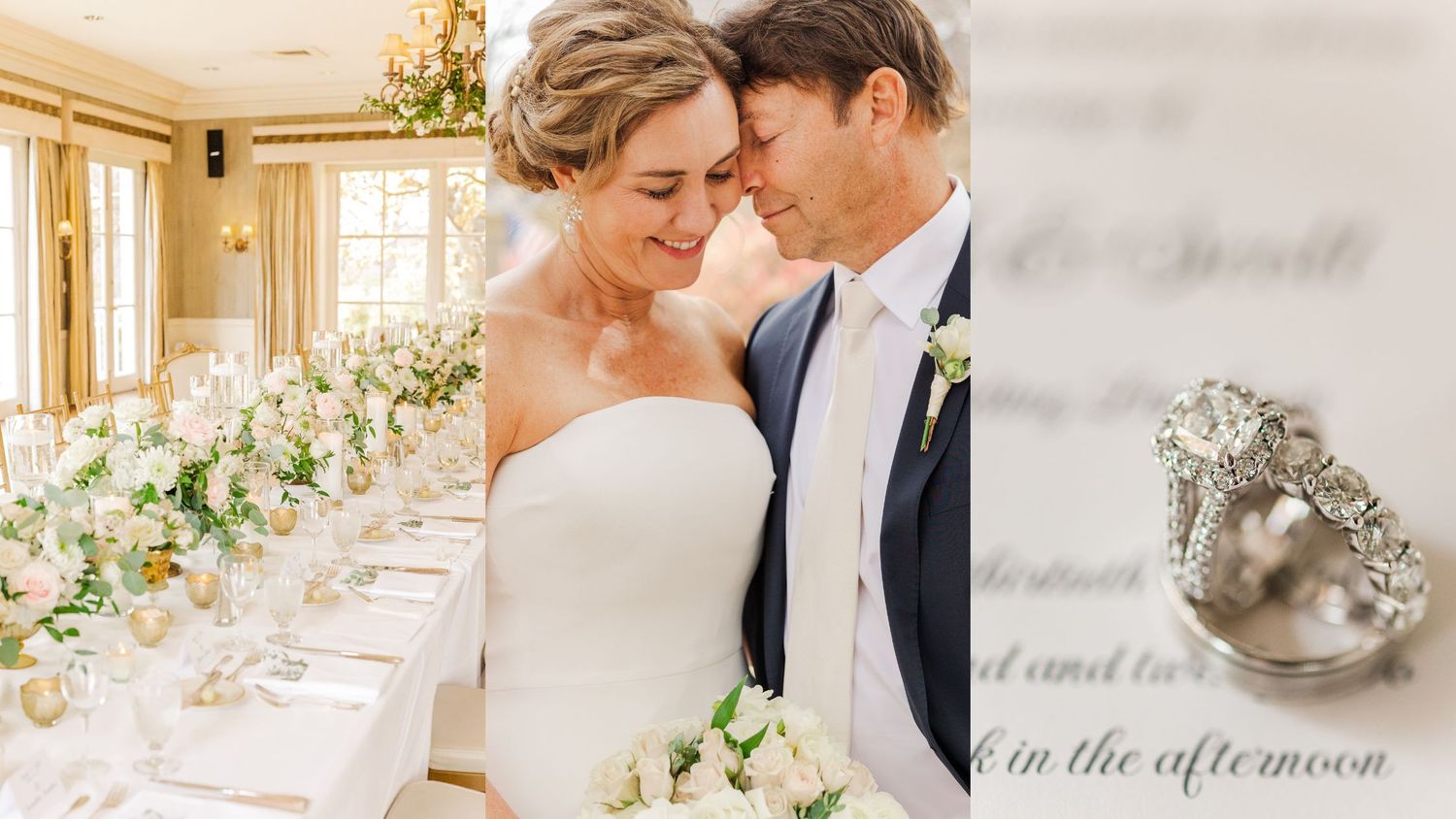 Romantic moment between newlyweds in elegantly decorated reception venue with floral arrangements.