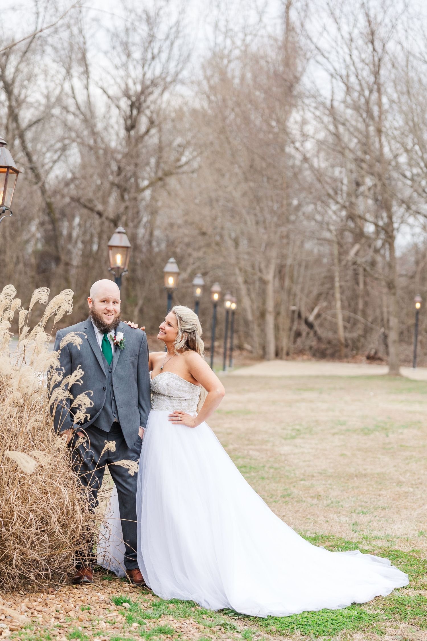Wedding portrait in natural setting with ornate lamp posts and winter trees in background.