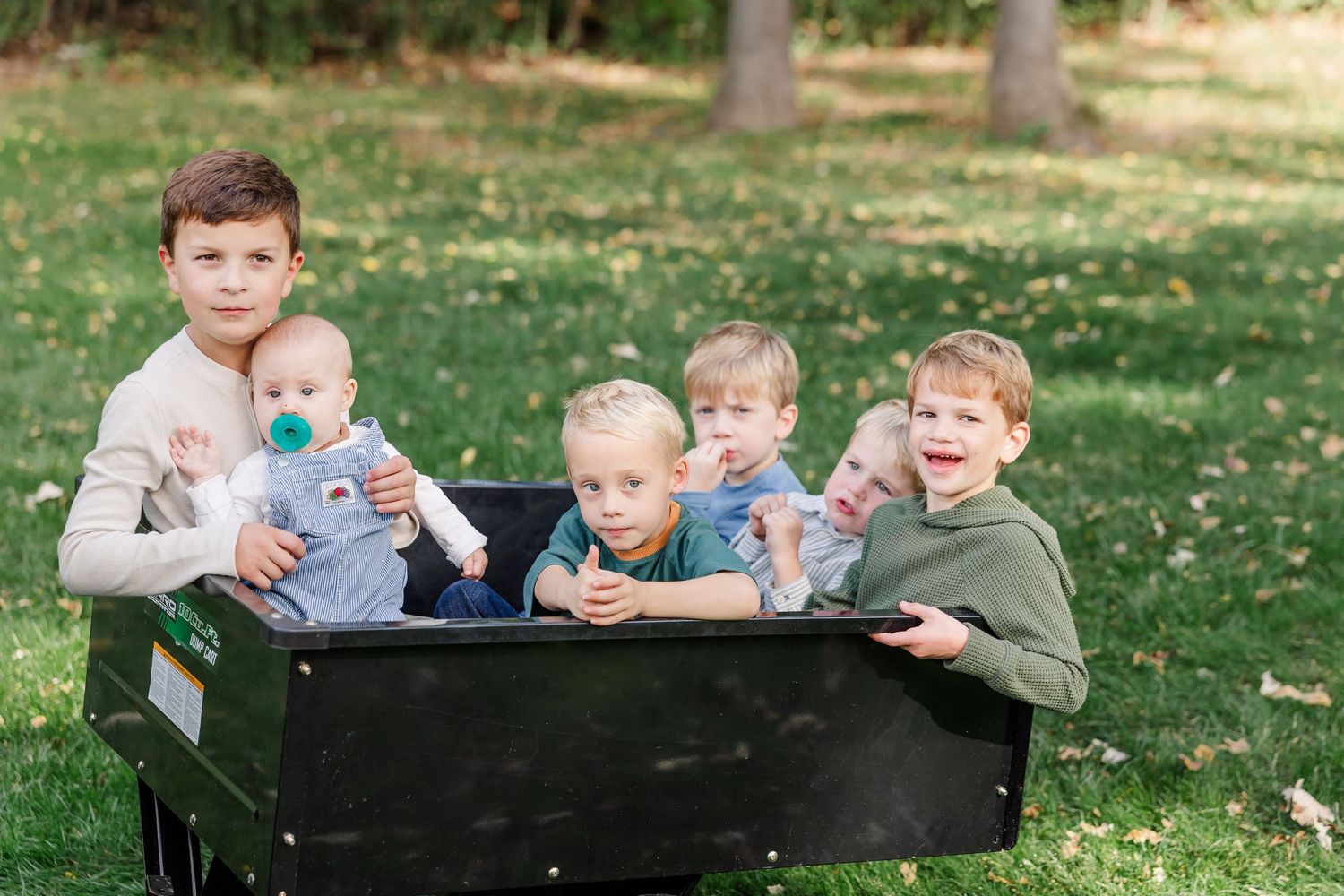 Four young boys smile together inside a black wagon outdoors during a fall family photo session.