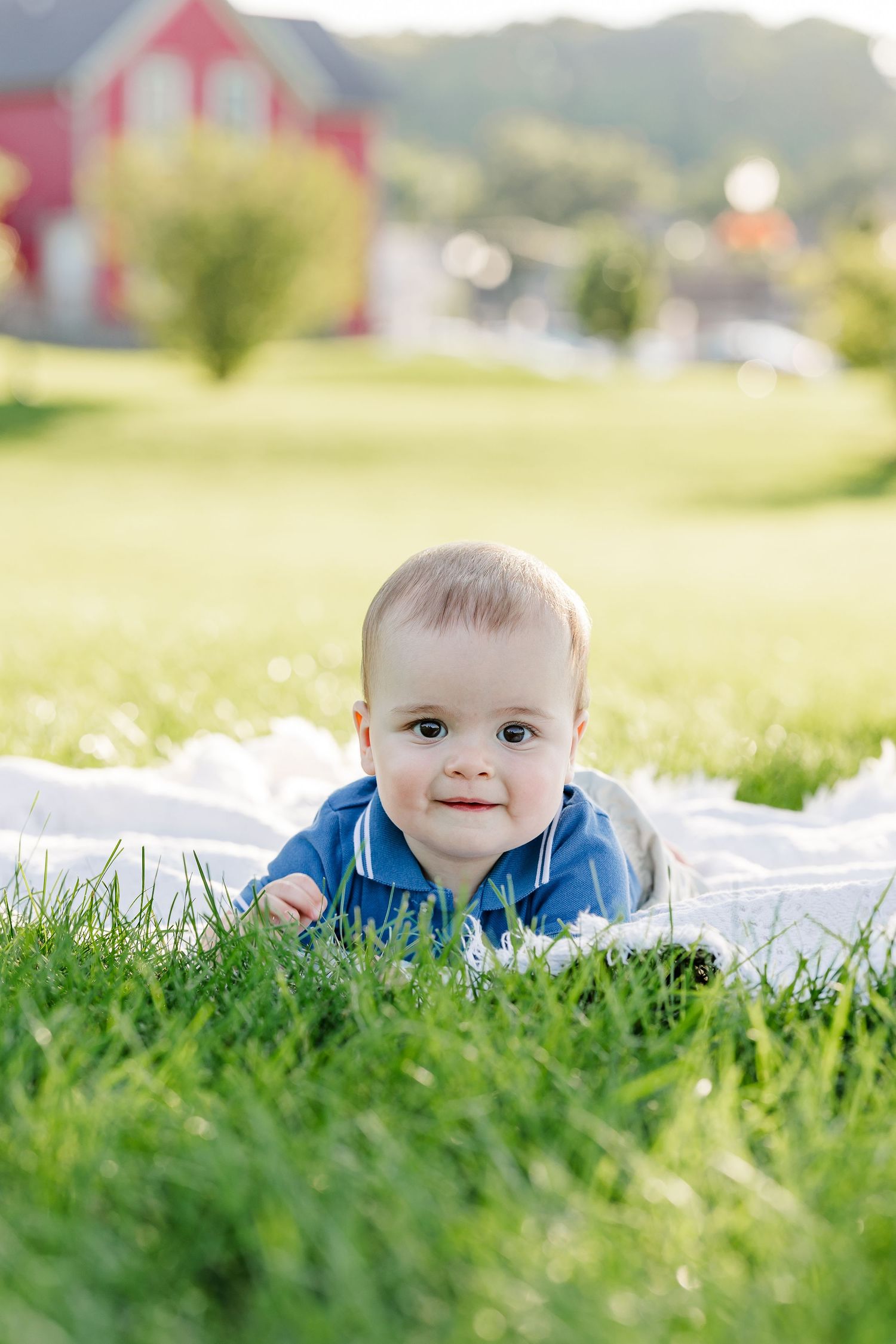 An adorable baby in a blue outfit does tummy time on a white blanket in a sunny green grass field.