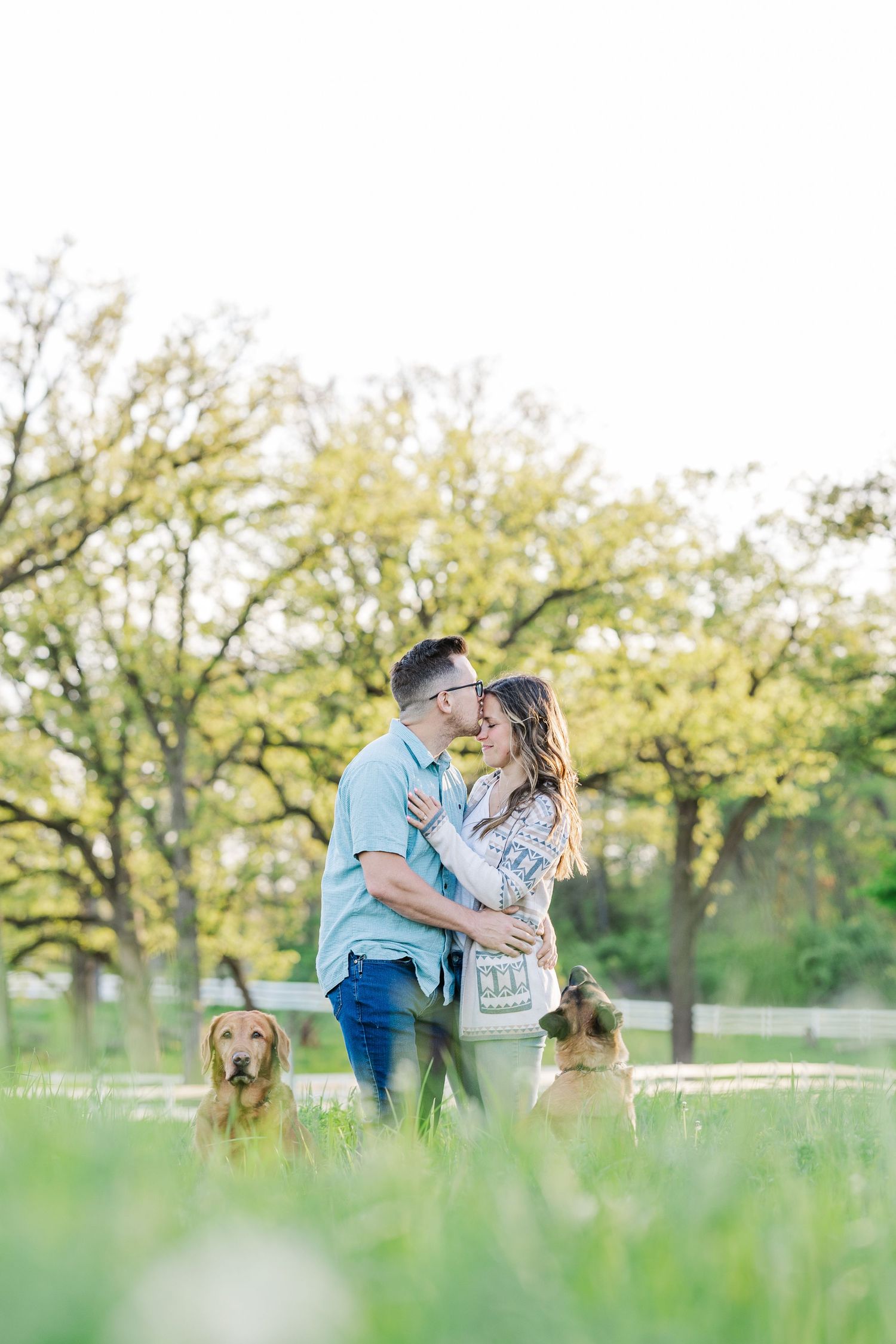 Romantic engagement photo in the grass with dogs at St. James Farm Preserve