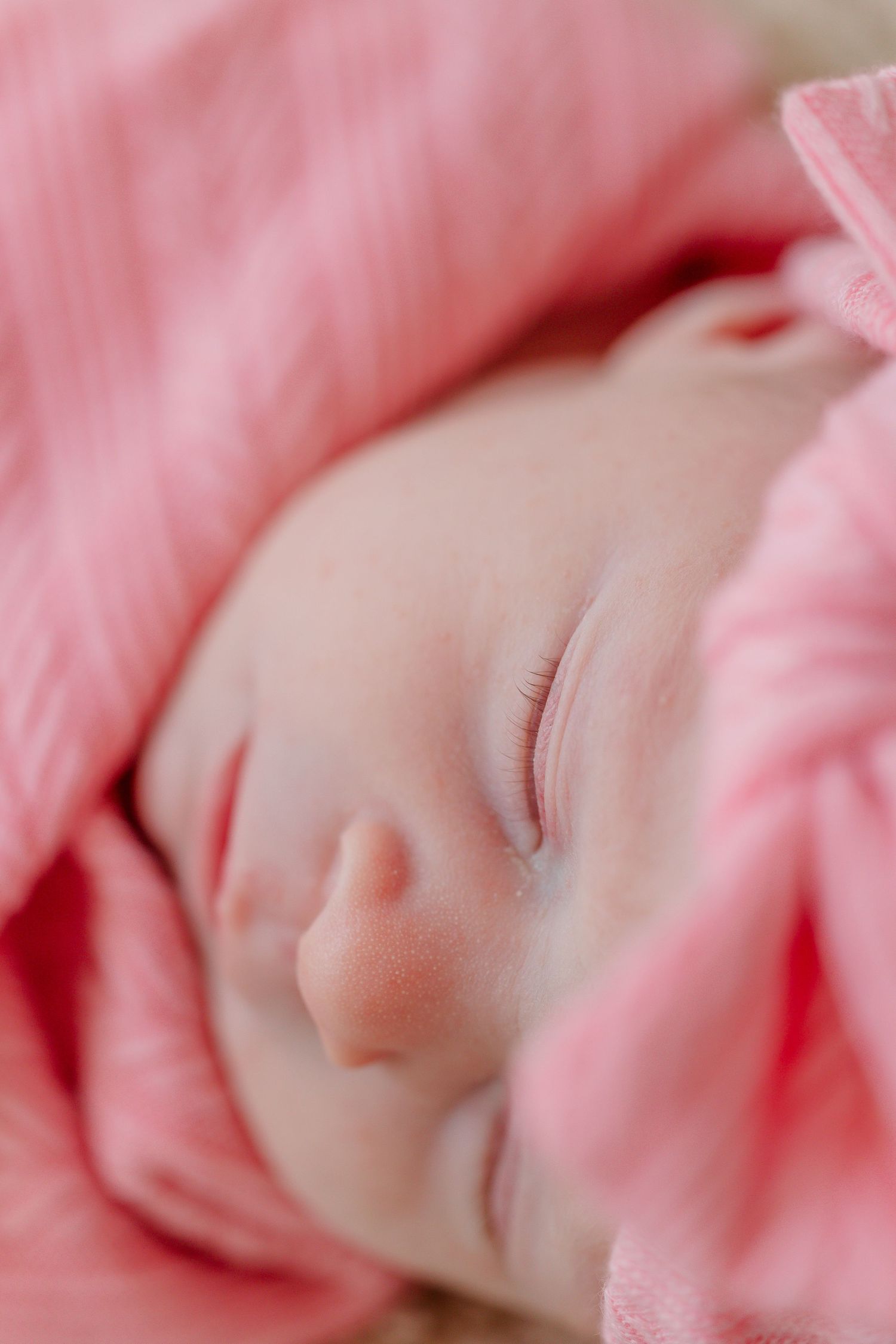 Close-up of a peaceful sleeping newborn baby wrapped in a soft pink blanket.