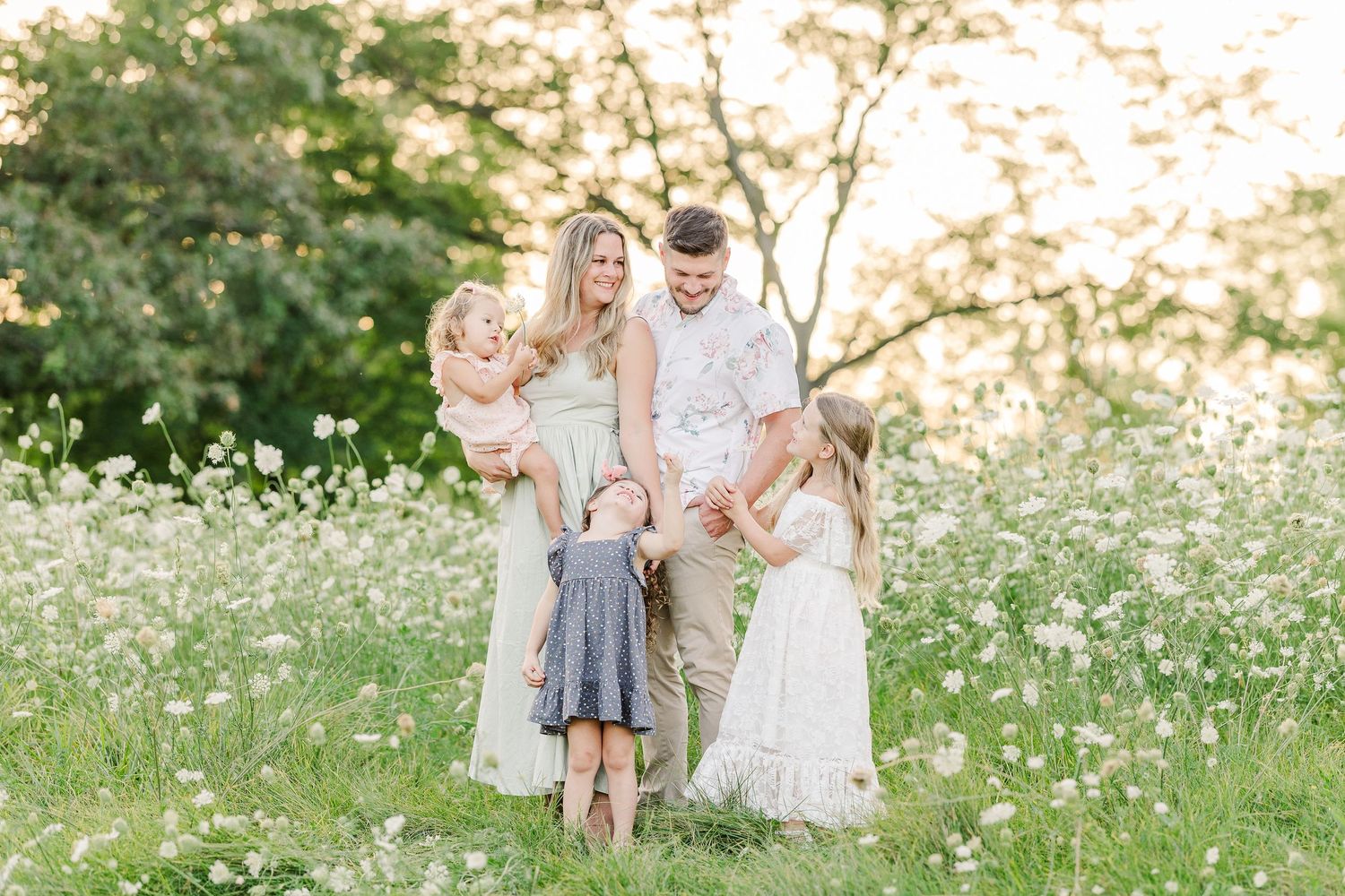 A family poses together in a blooming wildflower meadow during golden hour.