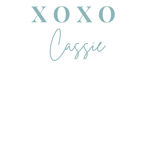 Text design featuring 'XOXO' and 'Cassie' in sage green and calligraphy style lettering on white background.
