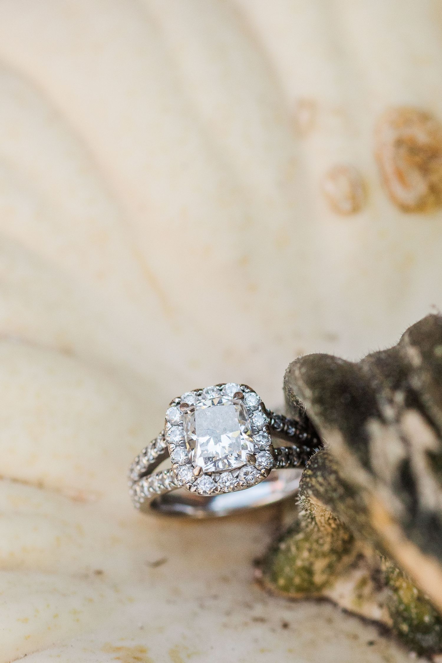 Close up of a sparkling diamond engagement ring with detailed band and halo setting resting on a light surface.