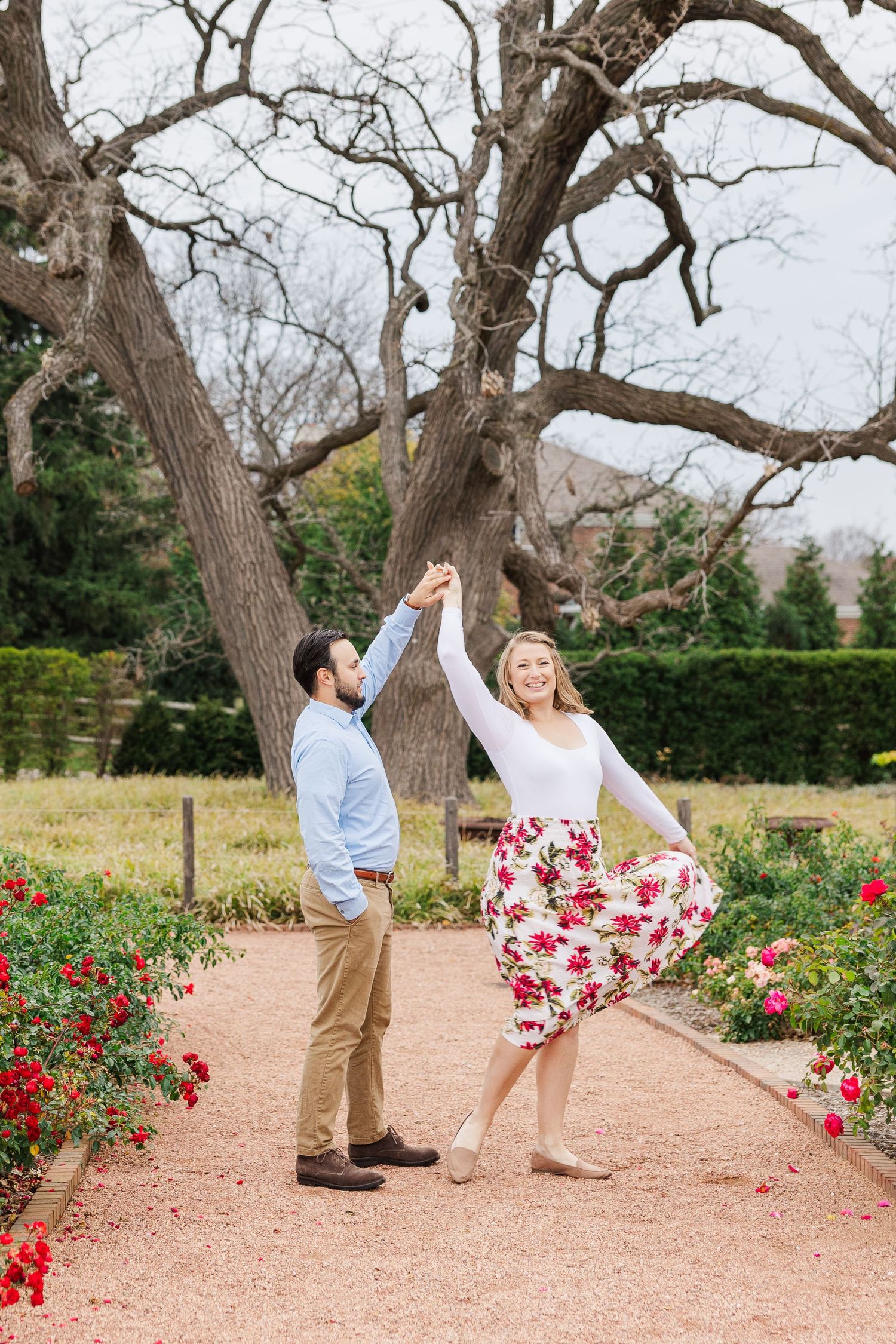 Couple spins in the rose garden at Cantigny Park in wheaton IL