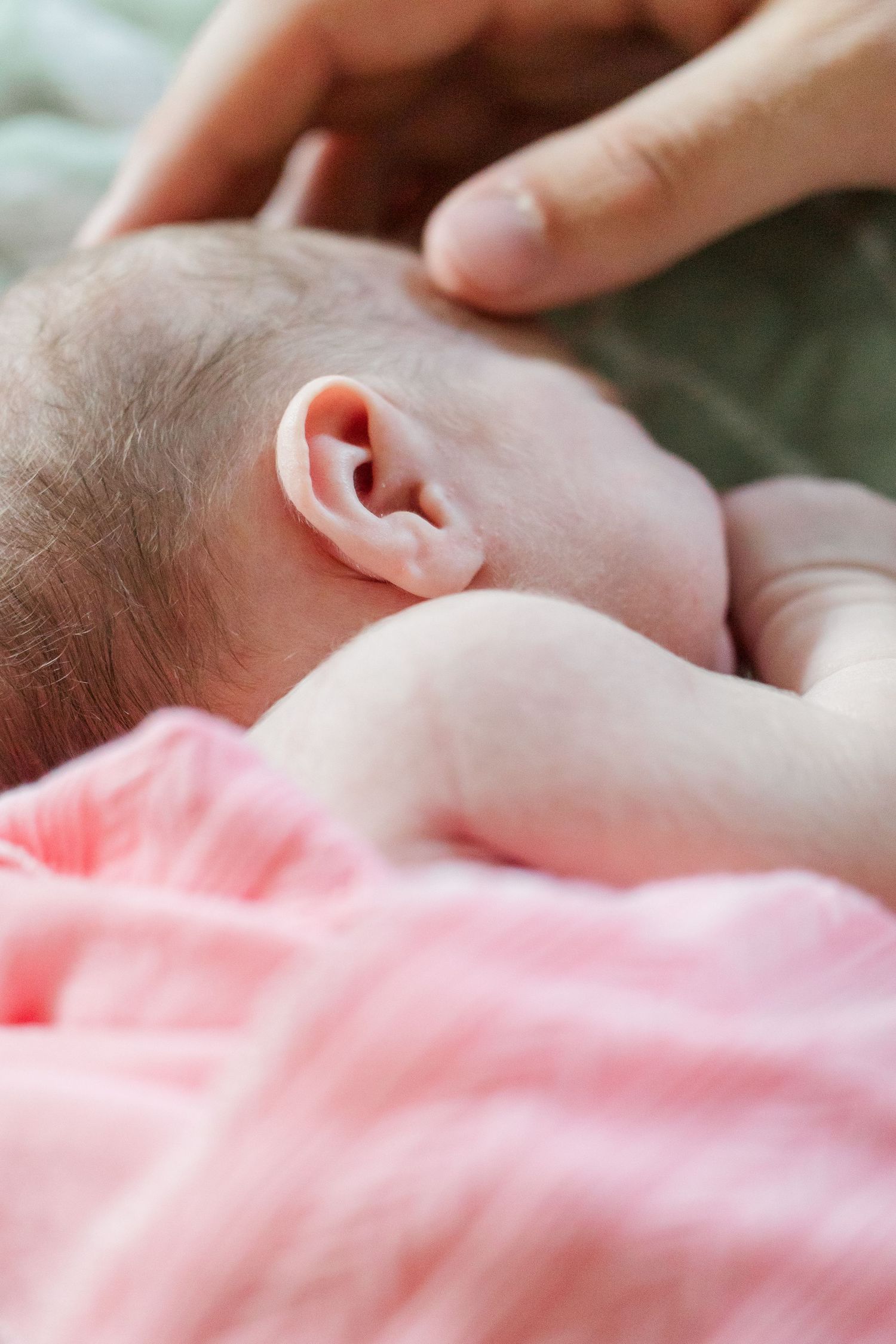 Close-up of newborn baby ear with parent gently touching head on pink blanket.