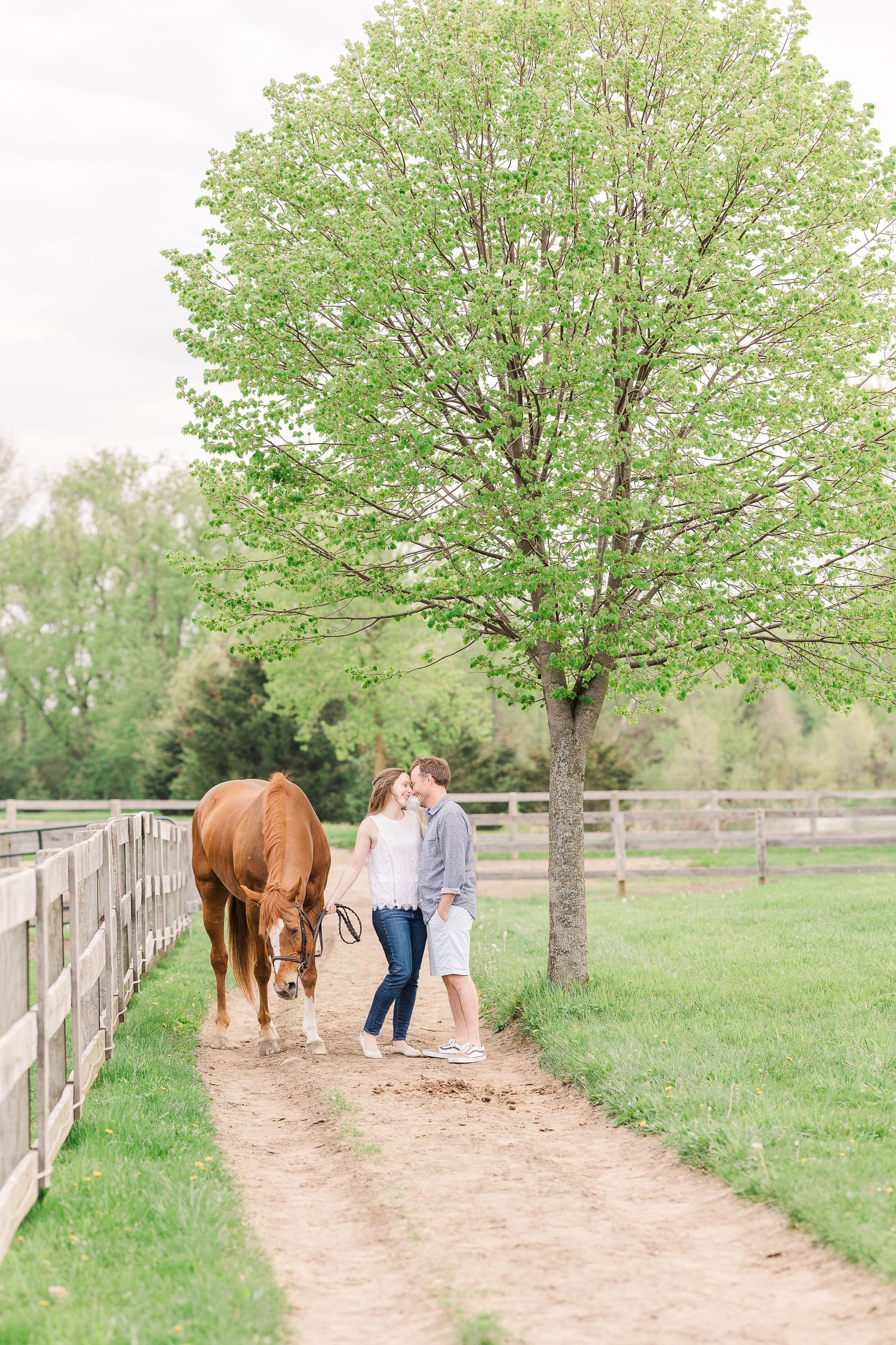 A couple walks their chestnut horse along a tree-lined path next to a wooden fence.