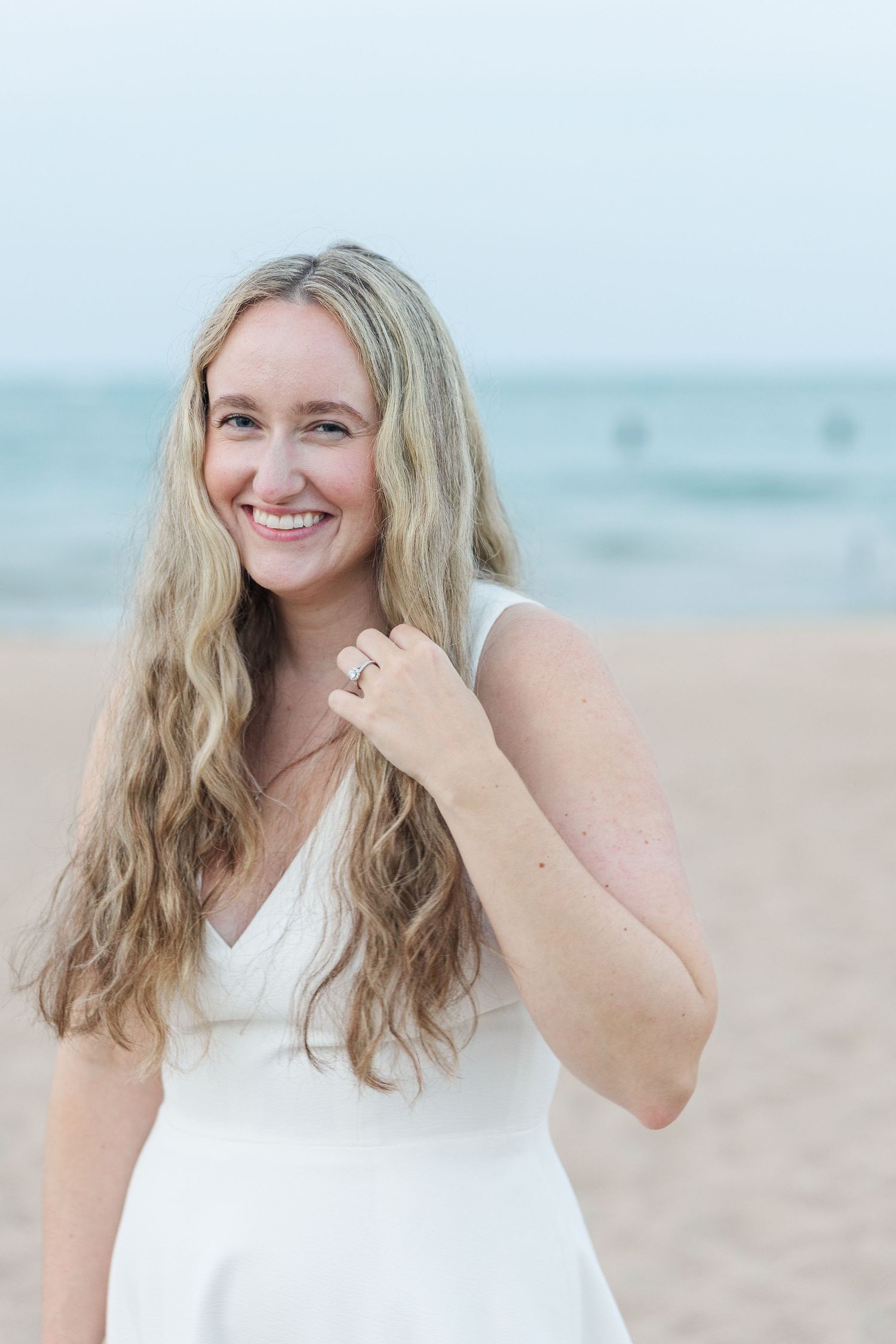 close up of Elizabeth on North Avenue beach in Chicago