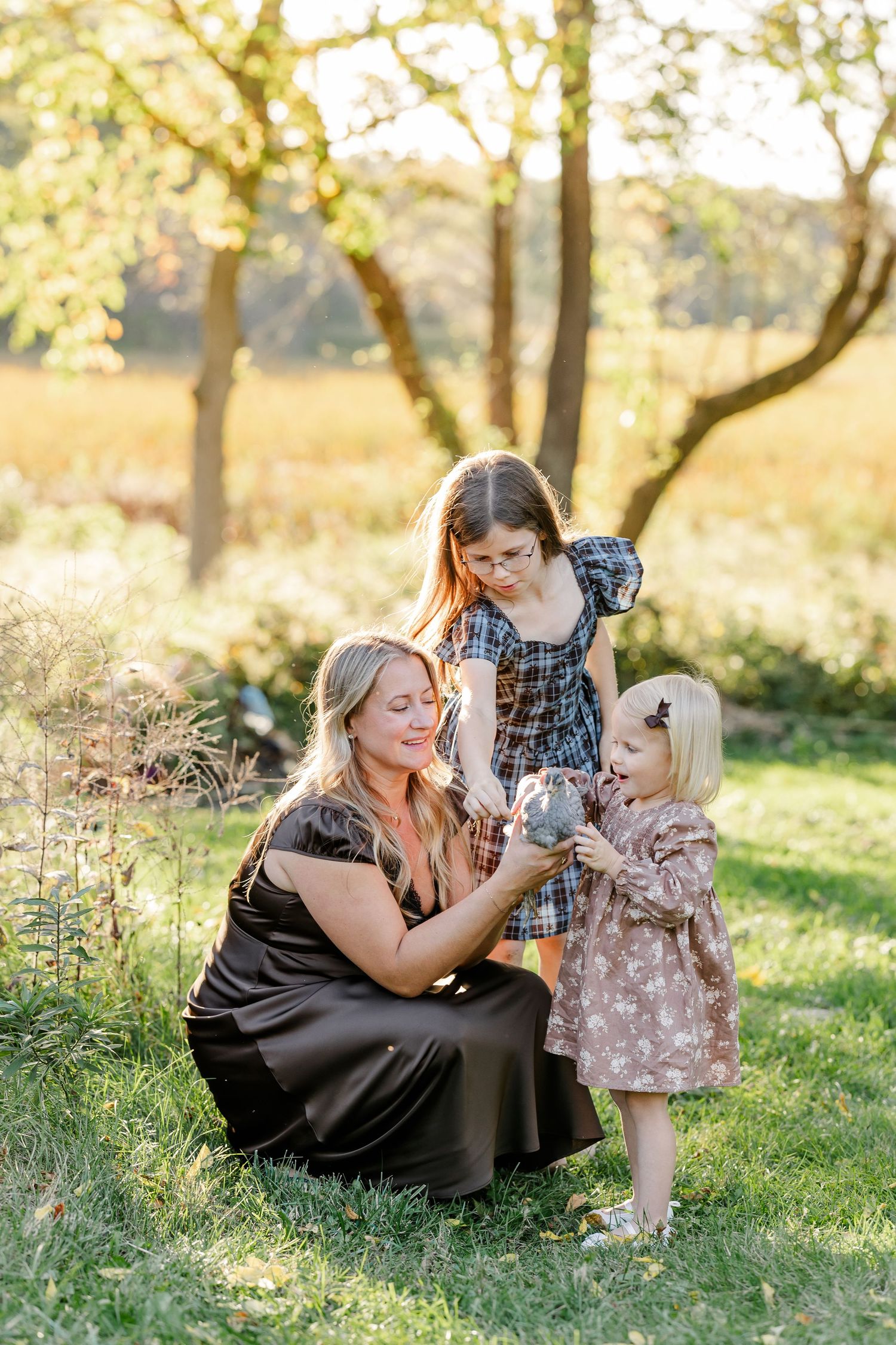 Mom and her two daughters gathered around a chicken during backyard family photos in St. Charles, IL.