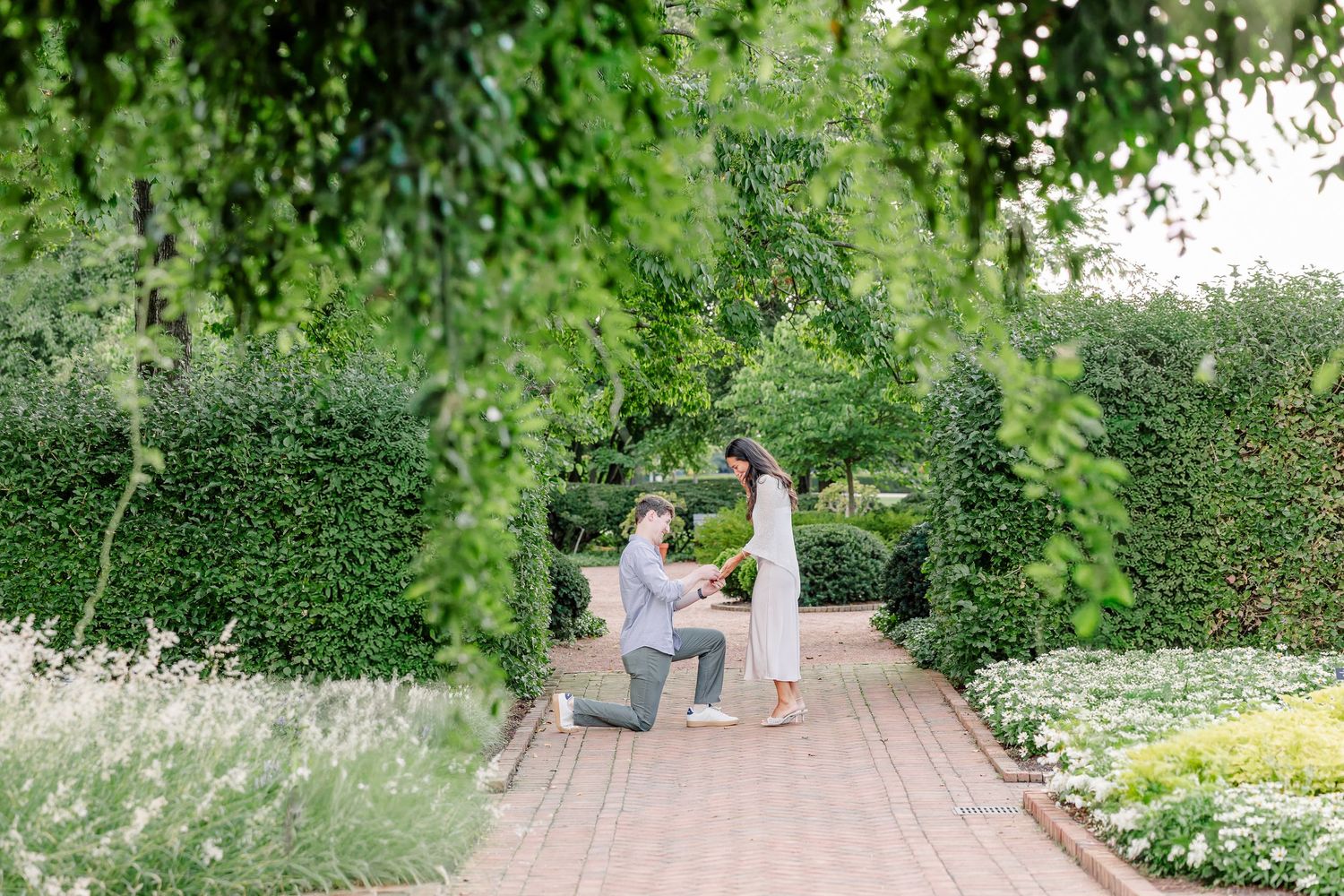 Alysia smiles at Jack as he kneels with the ring during their Cantigny Park proposal.