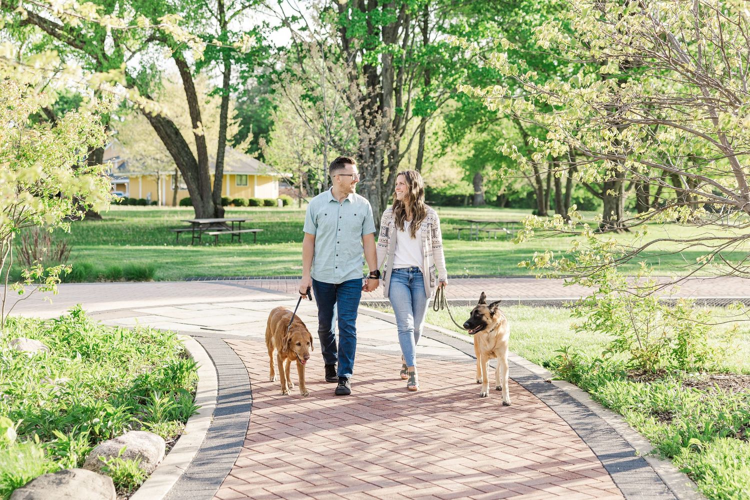 Engaged couple walking their dogs at St. James Farm Preserve in Warrenville
