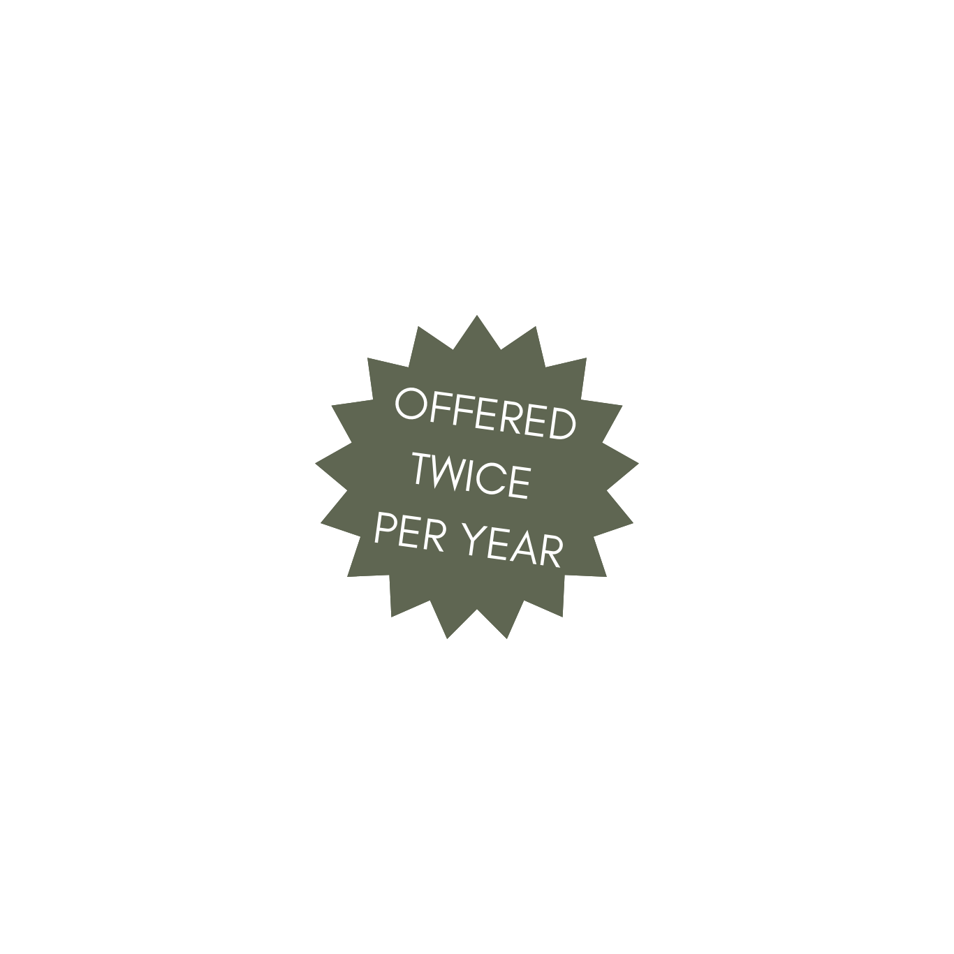 Three green star-shaped badges with text 'OFFERED PER YEAR' and 'TWICE' arranged in a row.
