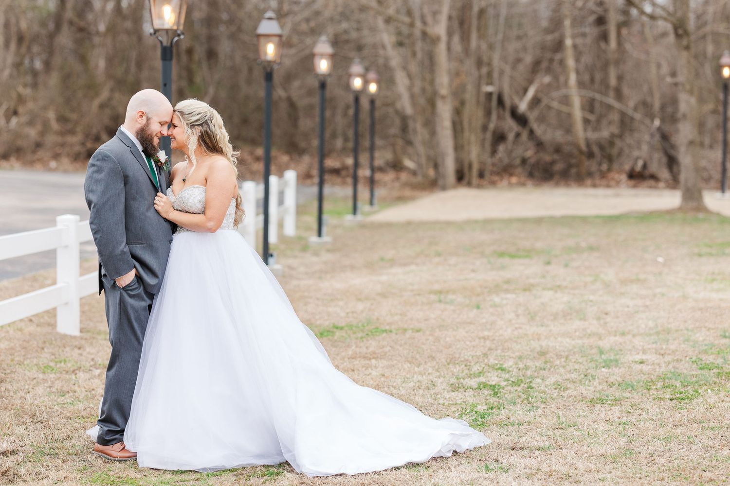 Wedding couple embraces on path with vintage lamp posts and winter trees in background.