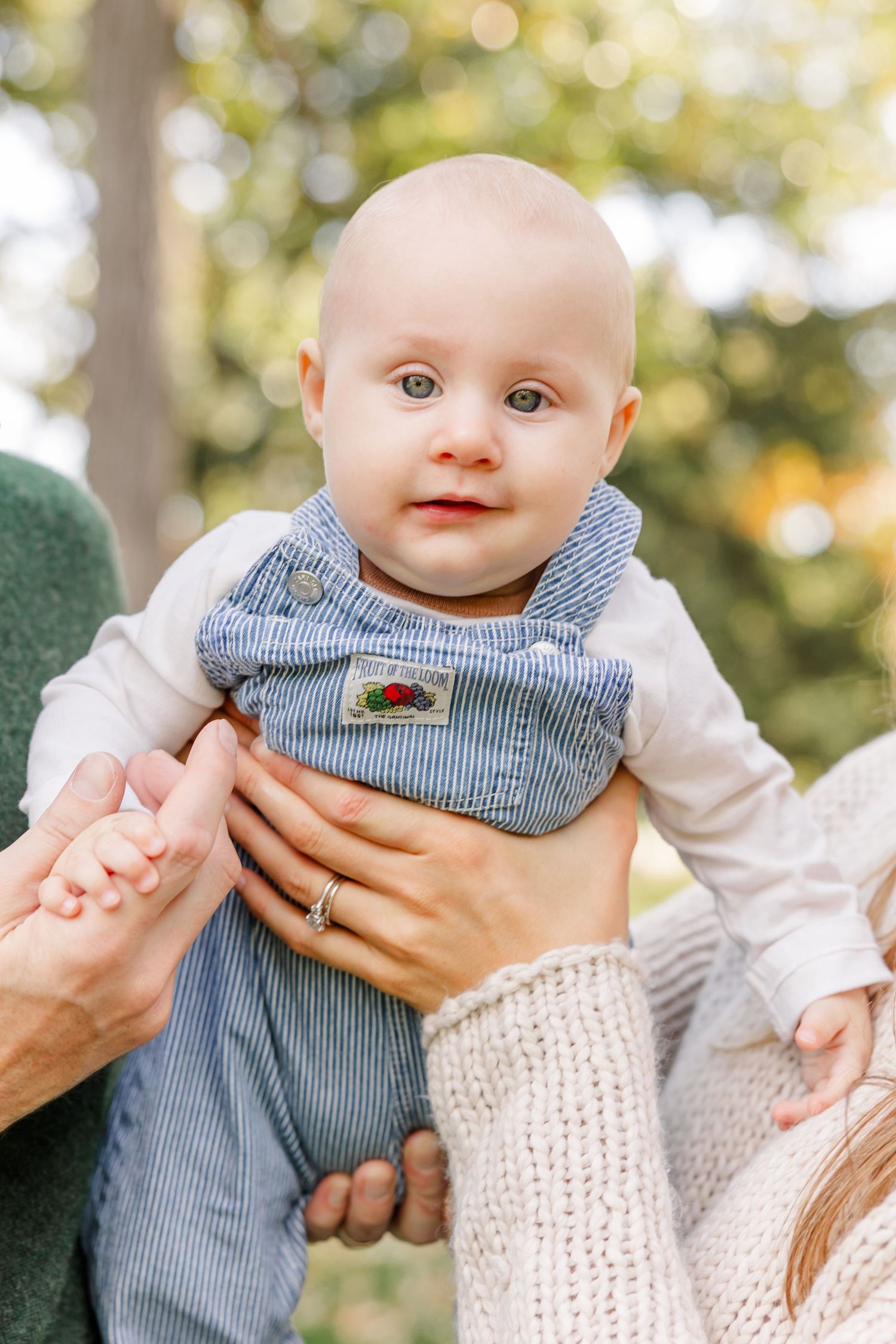 Adorable baby in blue striped overalls being held up by parents outdoors in a park.